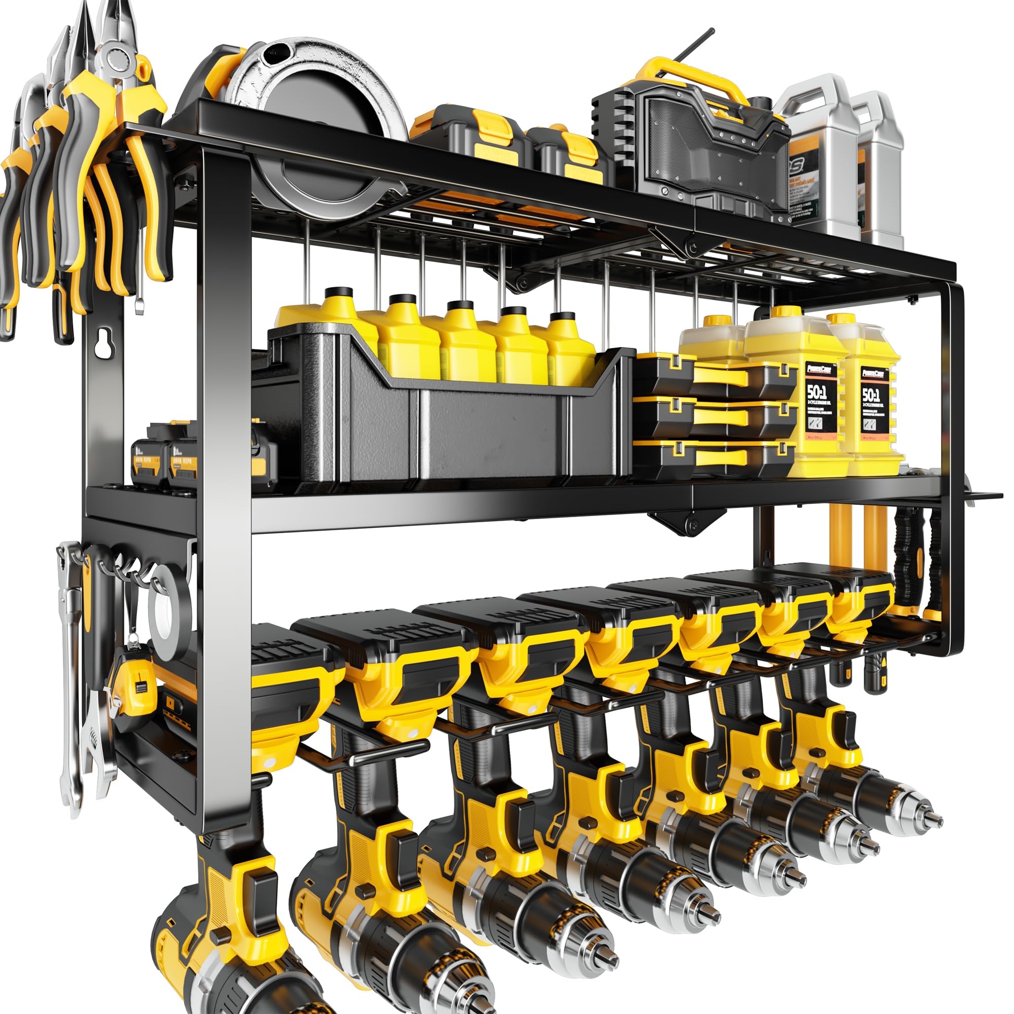 Anqtovp  Heavy Duty 300lb Capacity 3 Tier Steel Power Tool Organizer Wall Mount Rack with 7 Drill Holders and Side Hooks for Garage Workshop 1 Piece