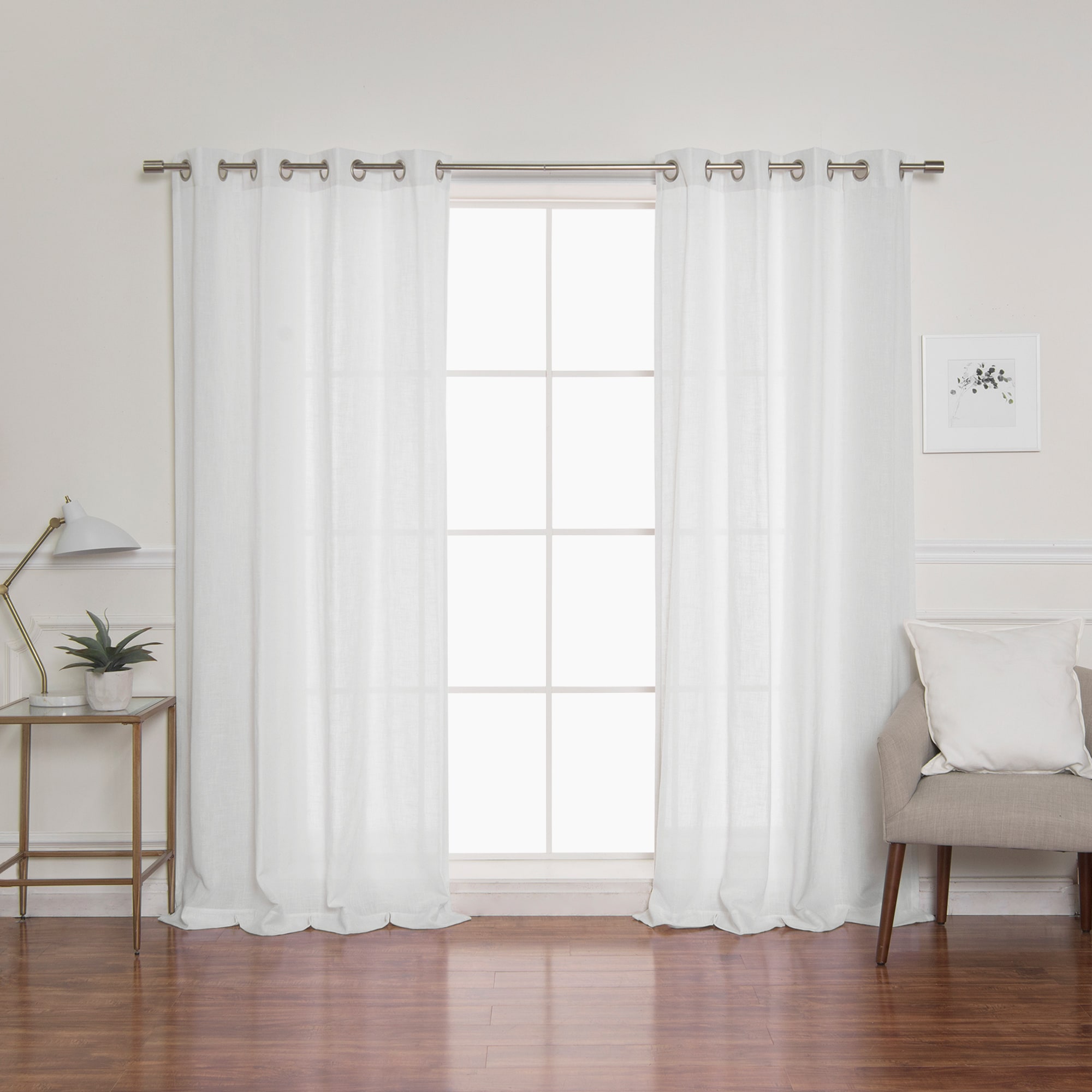Best Home Fashion JC-GR-FAUXLIN-96-OPW 96-Inches Optic White Semi-sheer Grommet Curtain panel pair