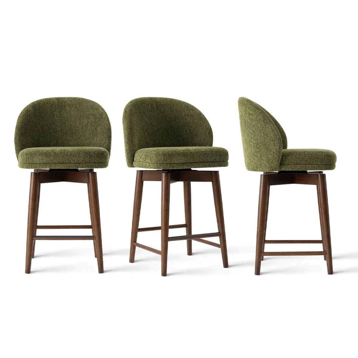 Maison Boucle Set of 3 Green Swivel Counter-Height Bar Stools Upholstered Barrel Back Wood Legs 25.5-in Seat Height