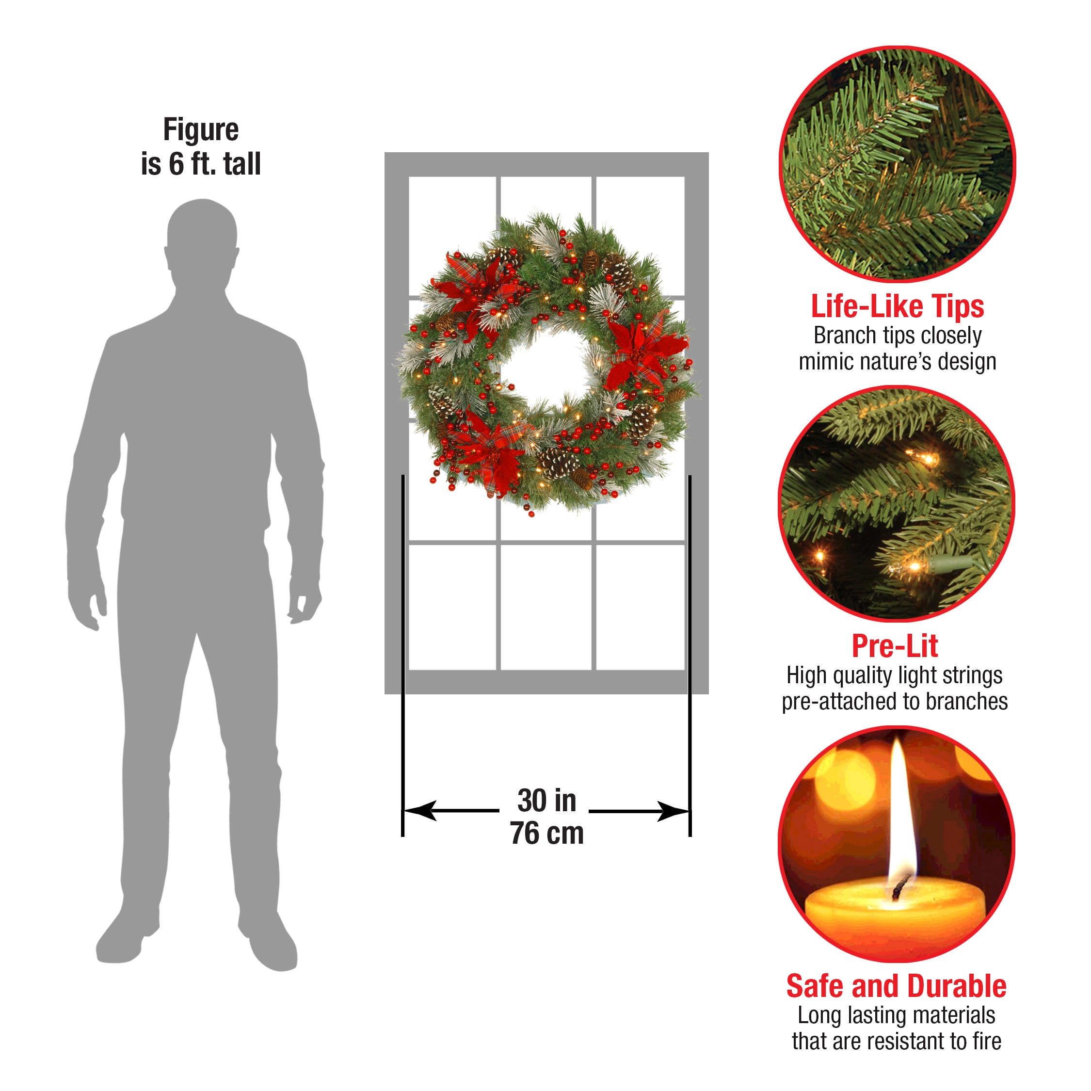 30" Red Tartan Plaid Christmas Wreath with LED Lights