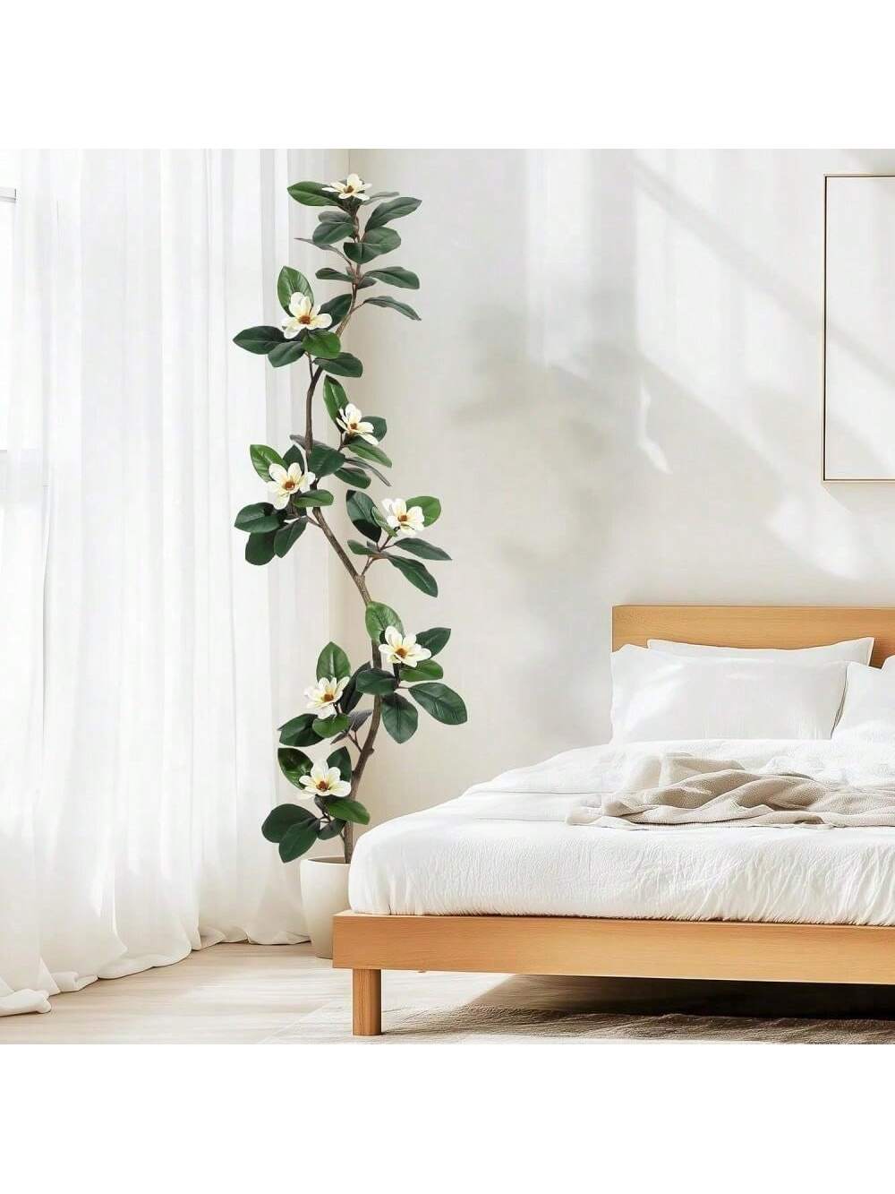 Qeetex PHK-33F8QSG4-HF4 7ft Rubber TreeArtificial Tree In White Planter Pot.Faux Plants Indoor Faux Floor Plant Artificial Plants with 8 Pcs Magnolia Flowers for Home Decor
