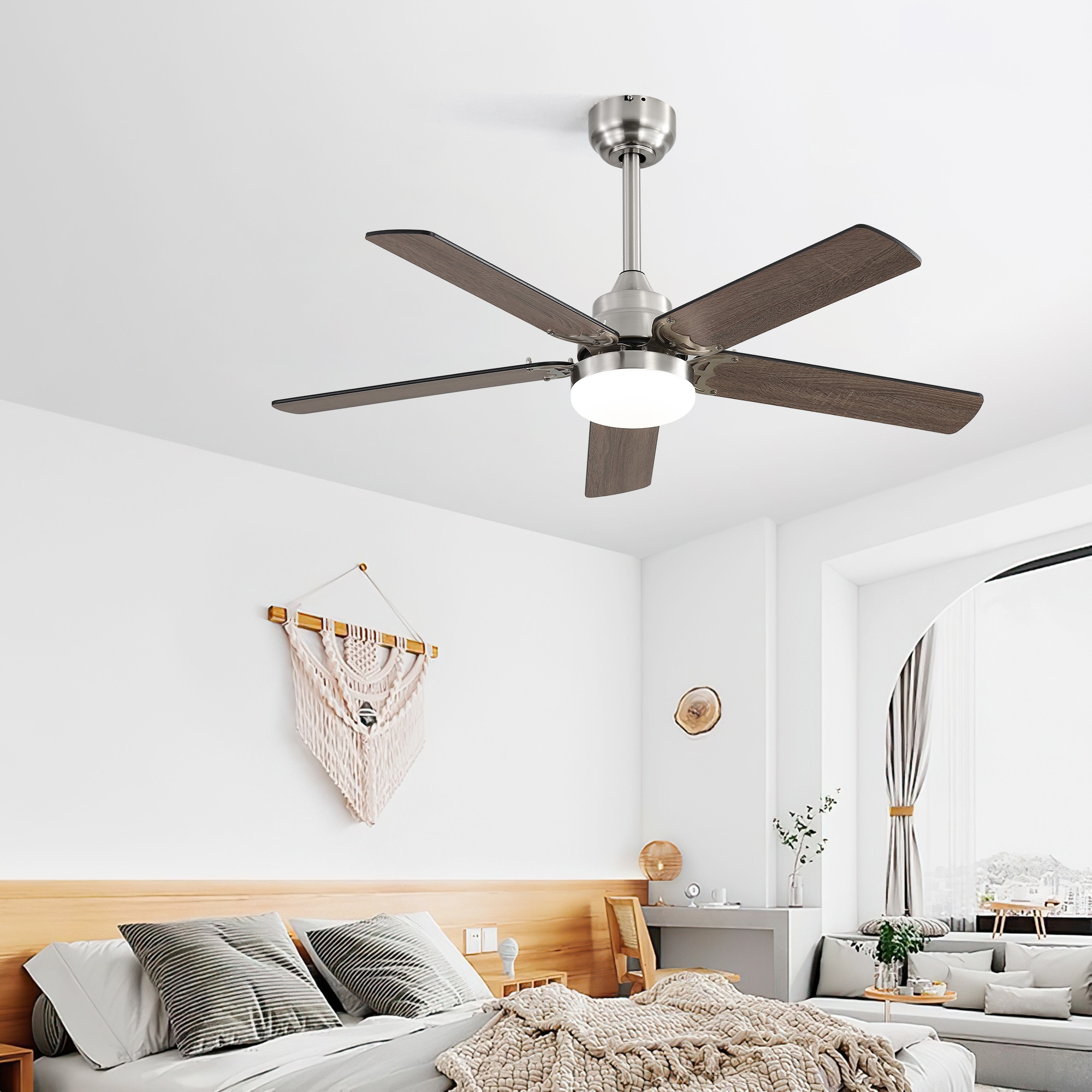 BABOOM BOM-P156668-OR 42 Inch Ceiling Fan 5 Blades 42-in Color-Changing Downrod or Flush Mount Silver + light brown with MDF Blades Ceiling Fan With Light - Remote Included ( 5 -Blade )