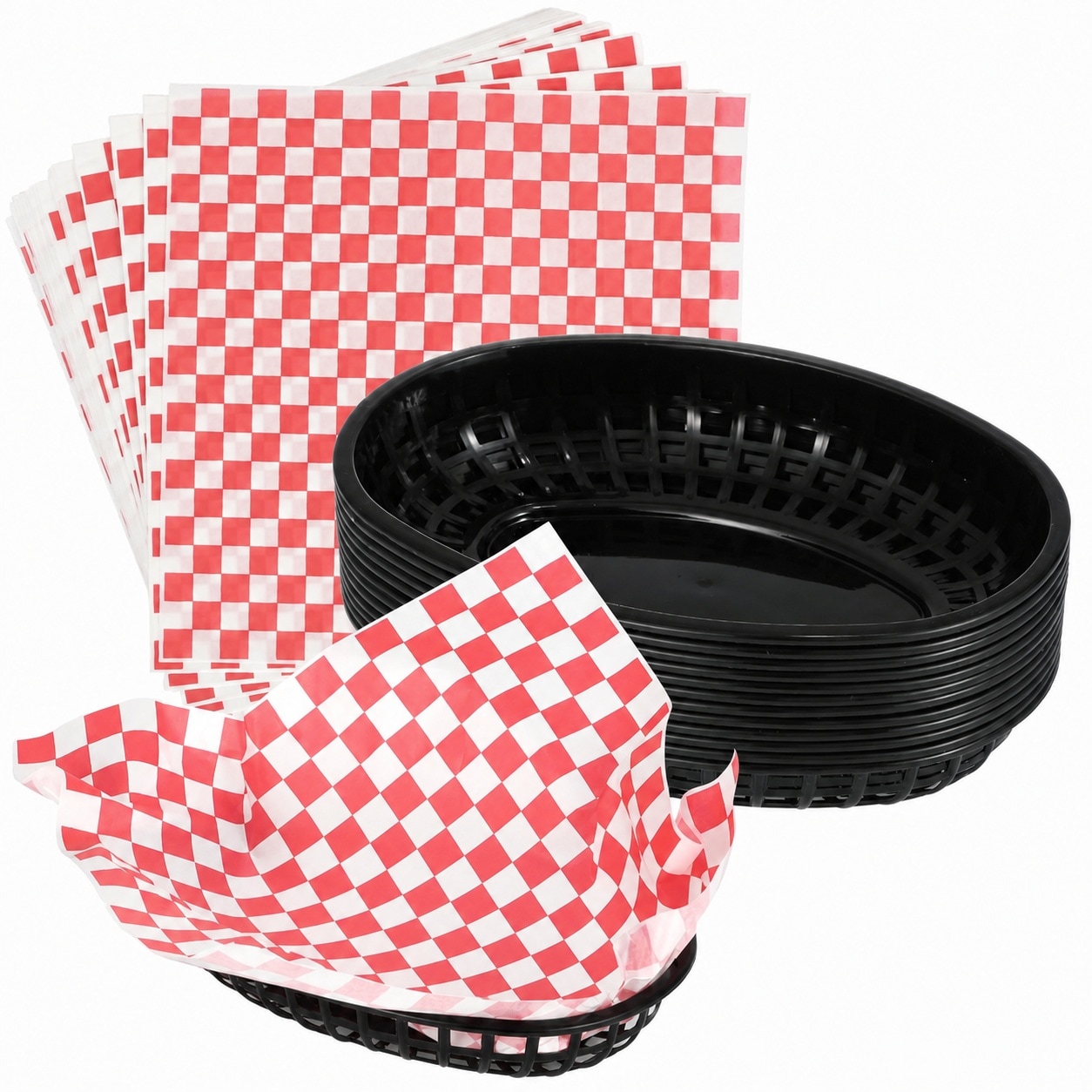 Aoibox  Oval Plastic Food Baskets with Red Checkered Wax Paper Liners 9 4 x 6 4 in 12 Pack Party