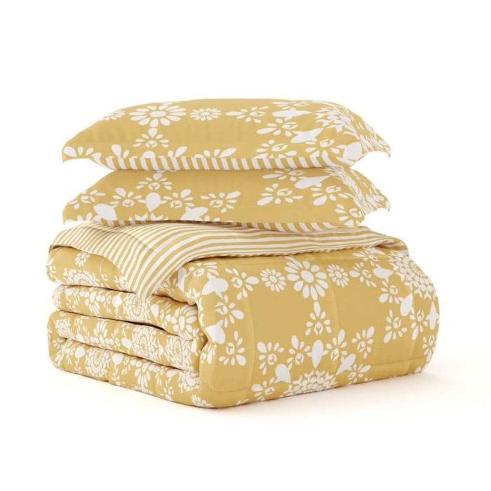 Slickblue D-FR-FQYE4599 Daisy Pattern 3-Piece-Yellow King / Full-Queen Reversible Microfiber Comforter Set – Boho Floral Wrinkle-Resistant Bedroom
