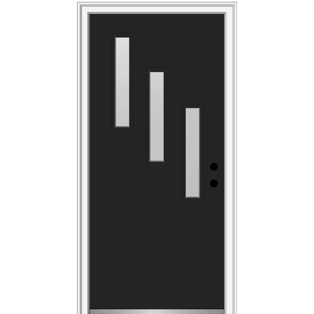 MMI DOOR ZZ347961L Spotlights 32-in x 80-in x 4-9/16-in Fiberglass Pulse lite Left-hand inswing Black Painted Prehung Front Door with Brickmould Insulating core