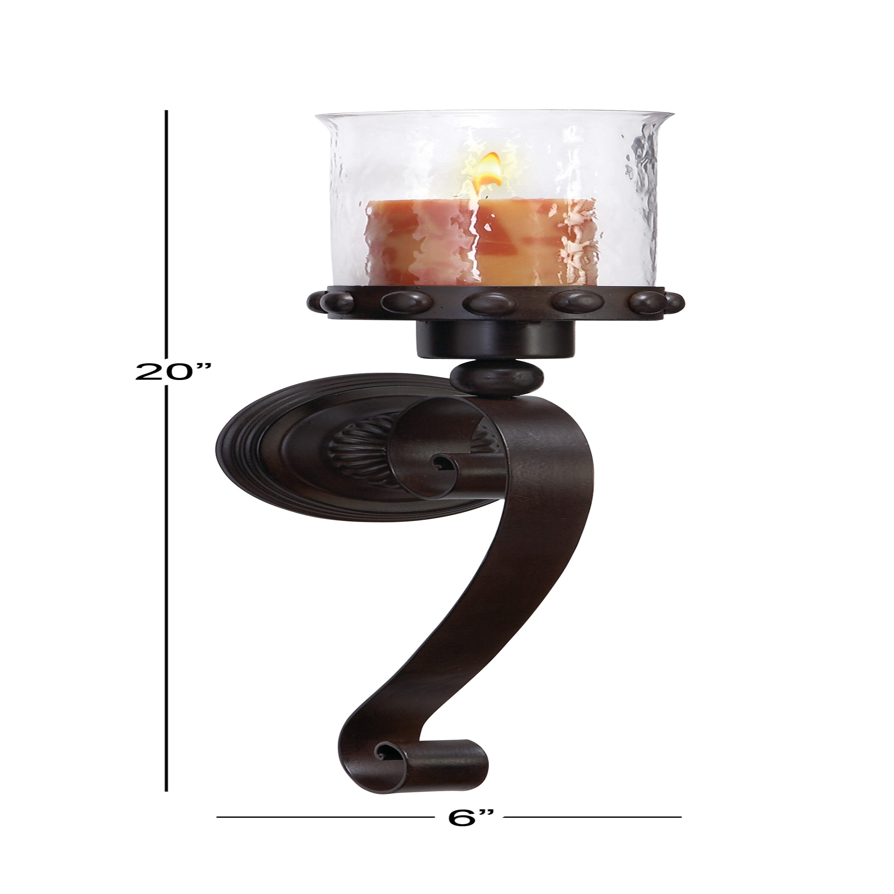 Brown Metal Scroll Wall Sconce with Glass Hurricane