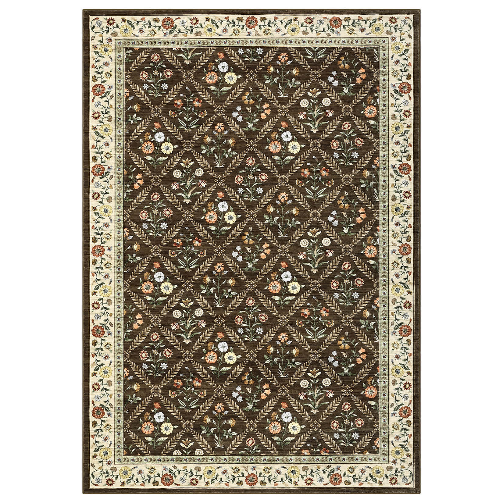 Qeetex LSN-PHK-349XUGA7 10 x 13 ft Polyester Cashmere Imitation Brown Rectangular Hallway Bathroom Entryway Kitchen Office Foldable Garden Flower Printed Modern Washable Area Rug