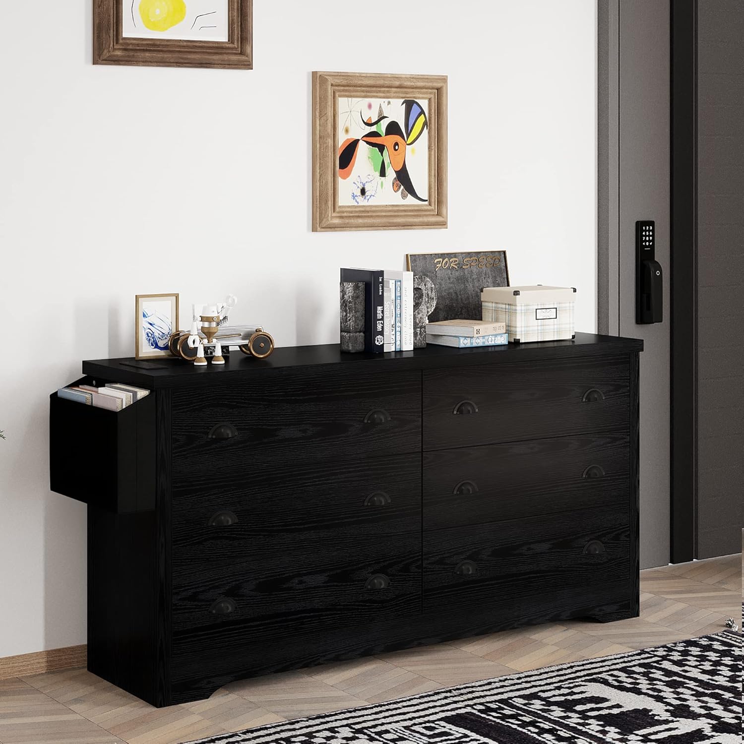 Likimio HEISPCJDYMLT0A3R 47.2-in W Black Dresser with 6 Drawer and Charging Station