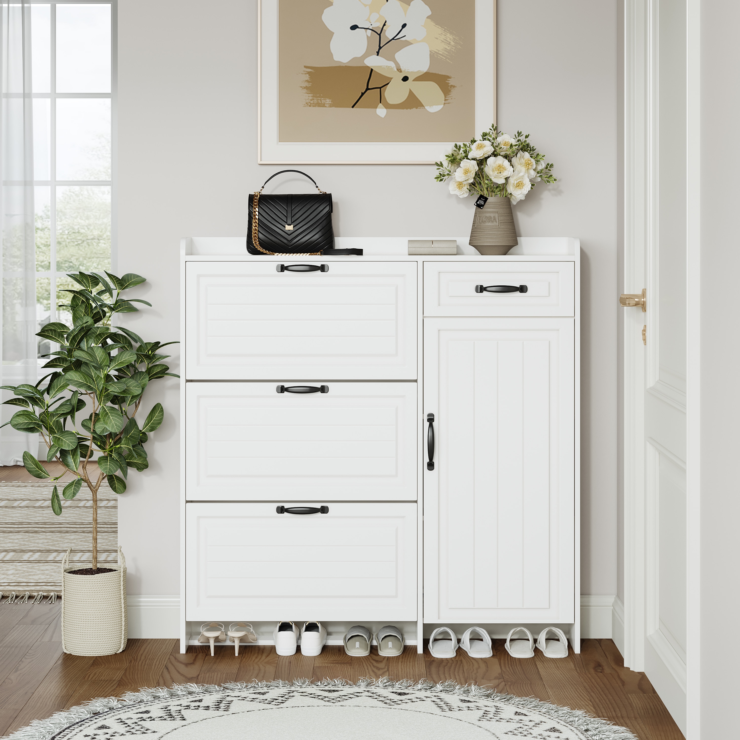 LOVMOR SF-WO-W1320P147738 White Shoe Cabinet 4 Doors 1 Drawer Large Storage Space