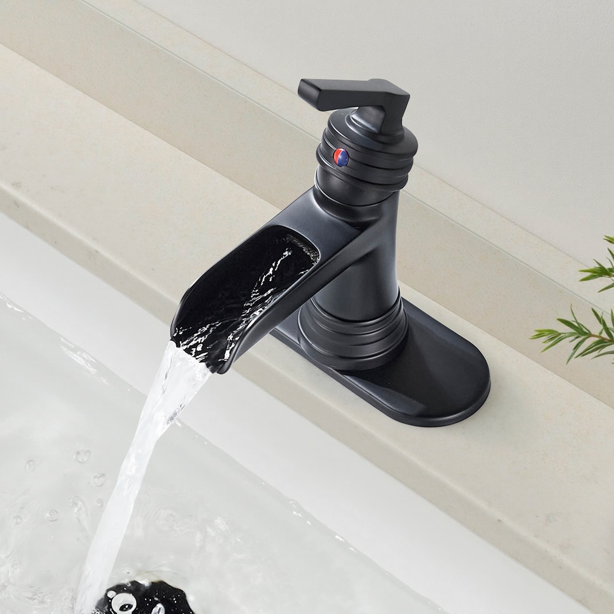 androme 39A52BLACK Eden Matte Black Single hole 1-handle Waterfall Residential Handle Bathroom Sink Faucet with Drain with Deck Plate