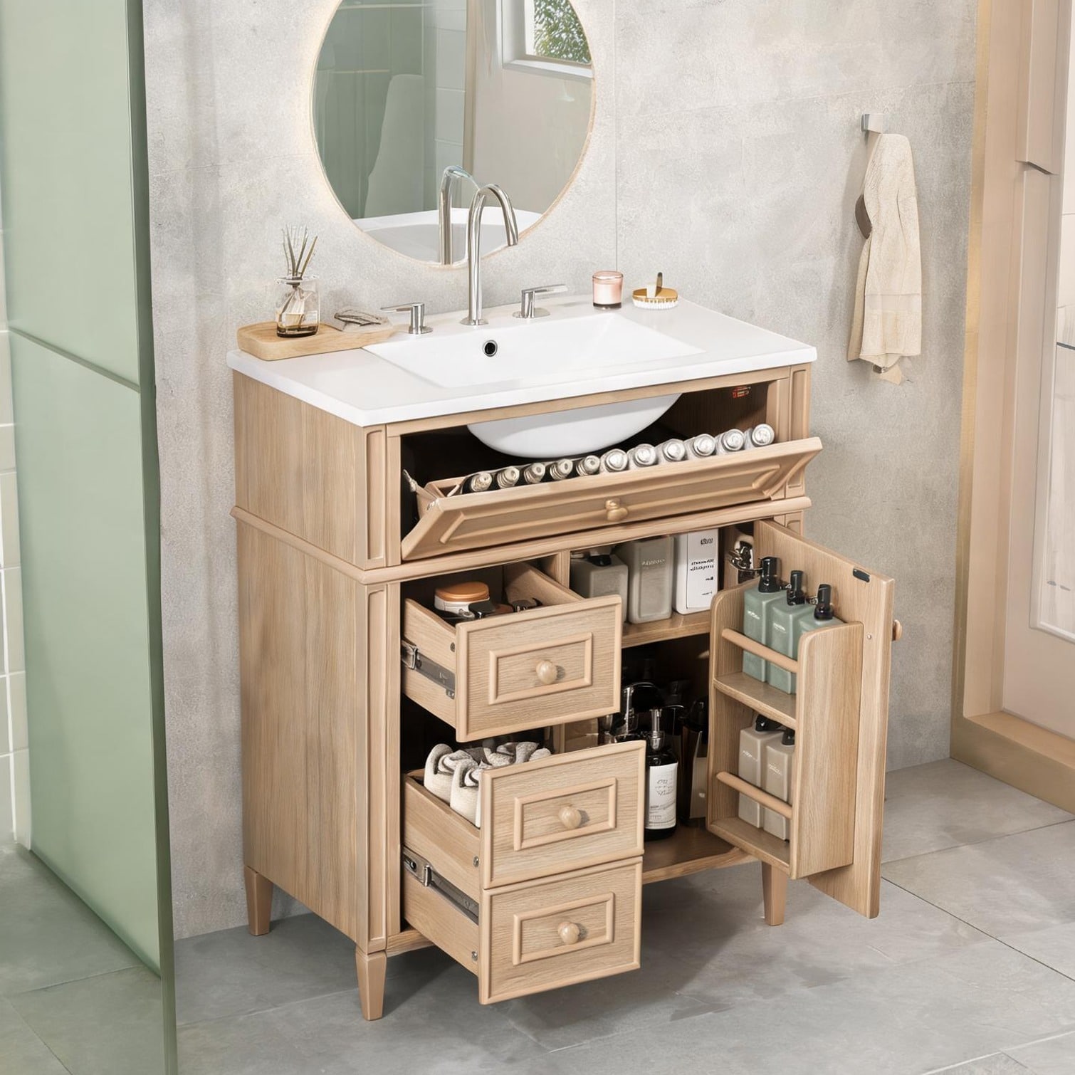 SunJet 30-Inch Bathroom Vanity with Ceramic Sink and Tilt-Out Drawer Solid Wood Frame Brown Wood Finish