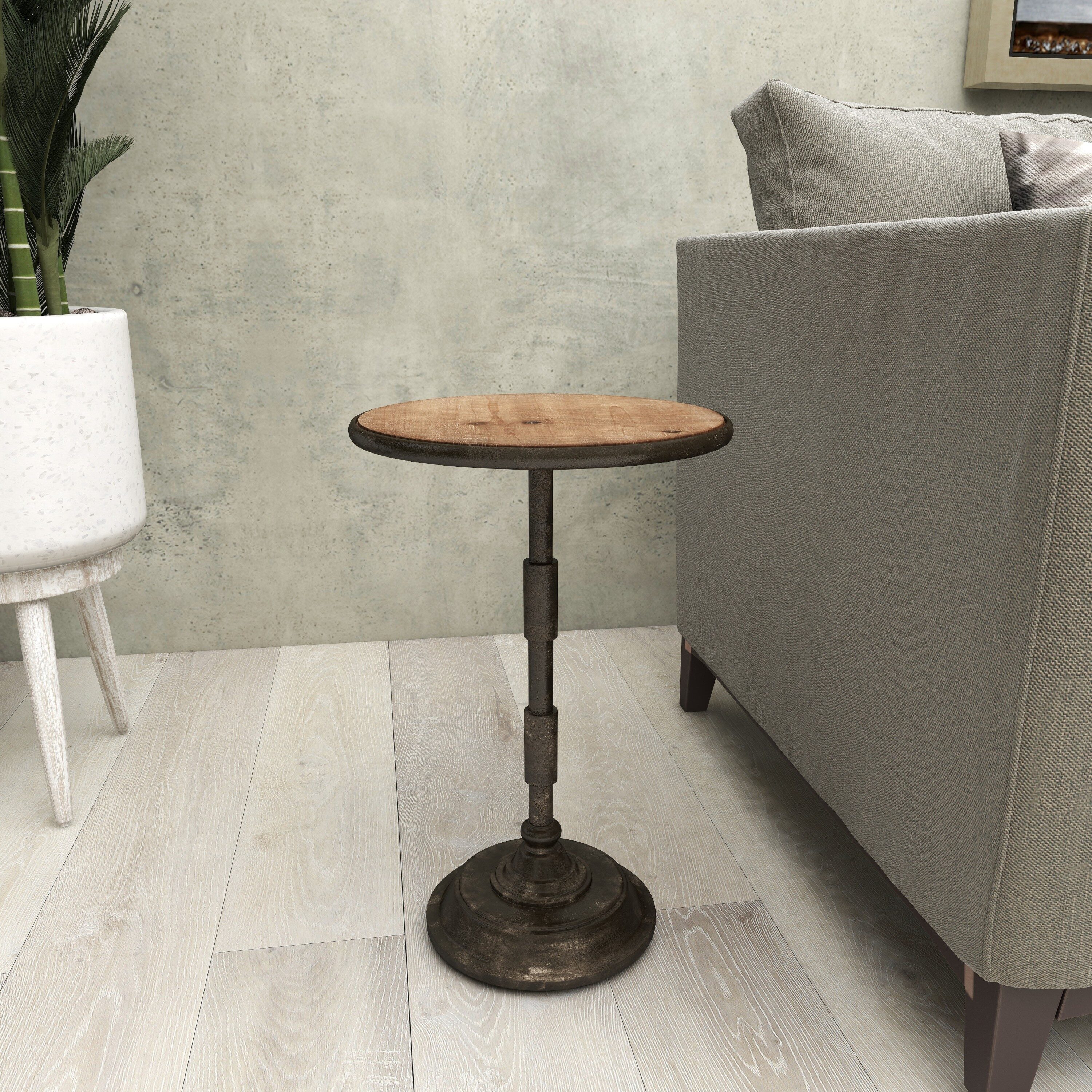 Industrial Black Metal and Brown Wood Round Accent Table