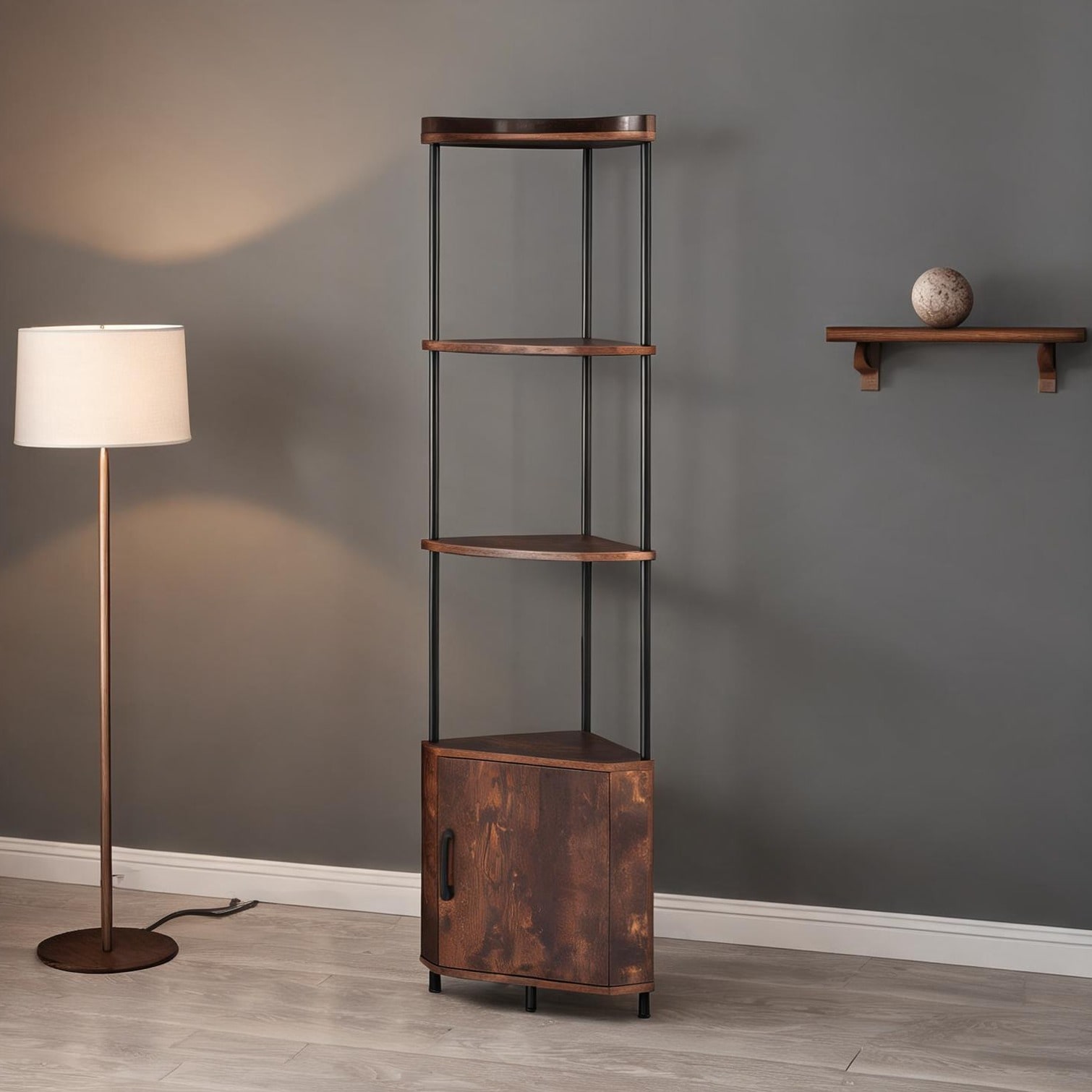 FlowLuxe Brown Iron 5-Tier Corner Shelf with LED Lights and Doors 18.5 x 14.76 x 6.89 Modern Storage Display
