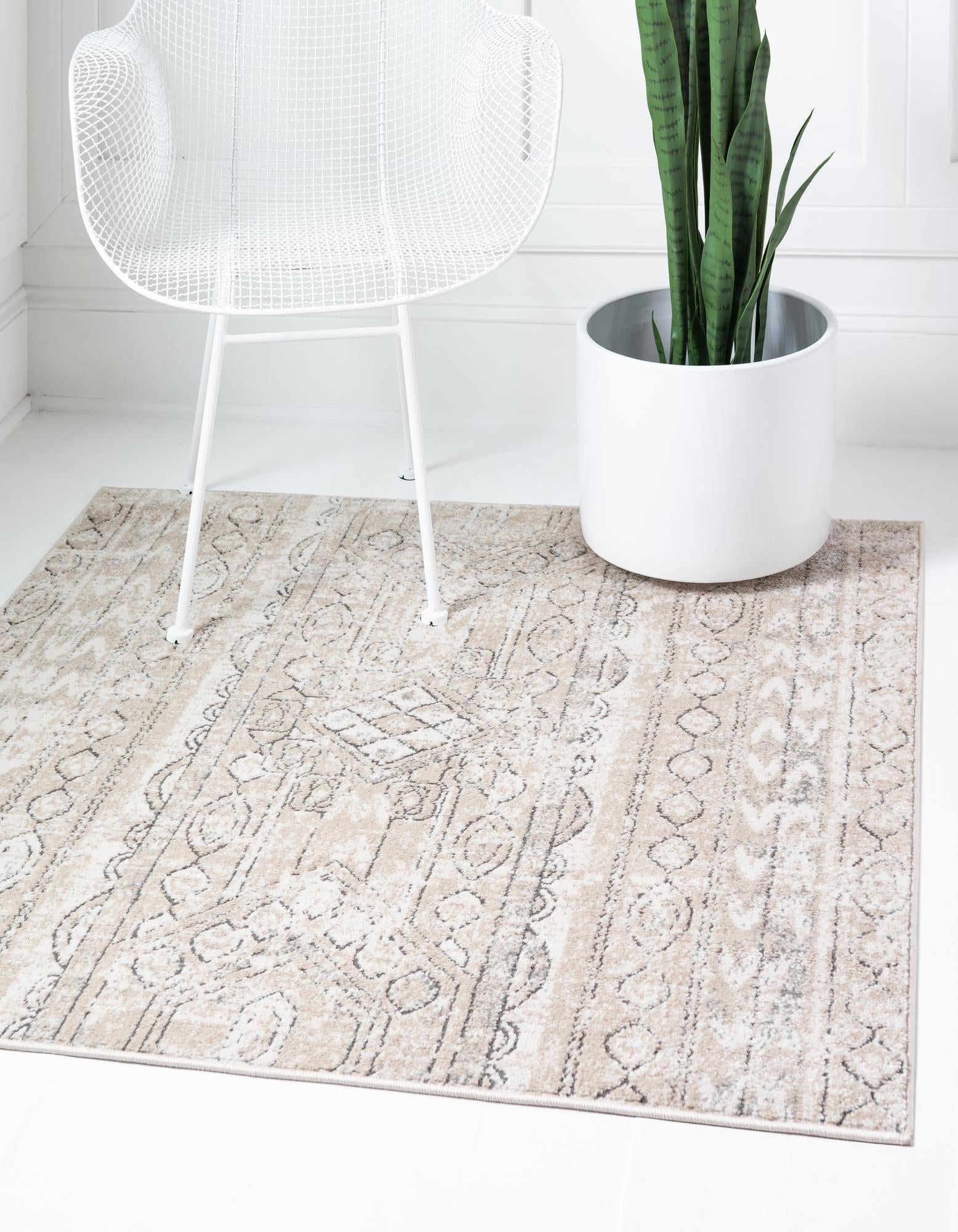 Unique Loom 3147179 Portland 4 x 4 (ft) Loomed Polypropylene Ivory Square Indoor Stripe Area rug