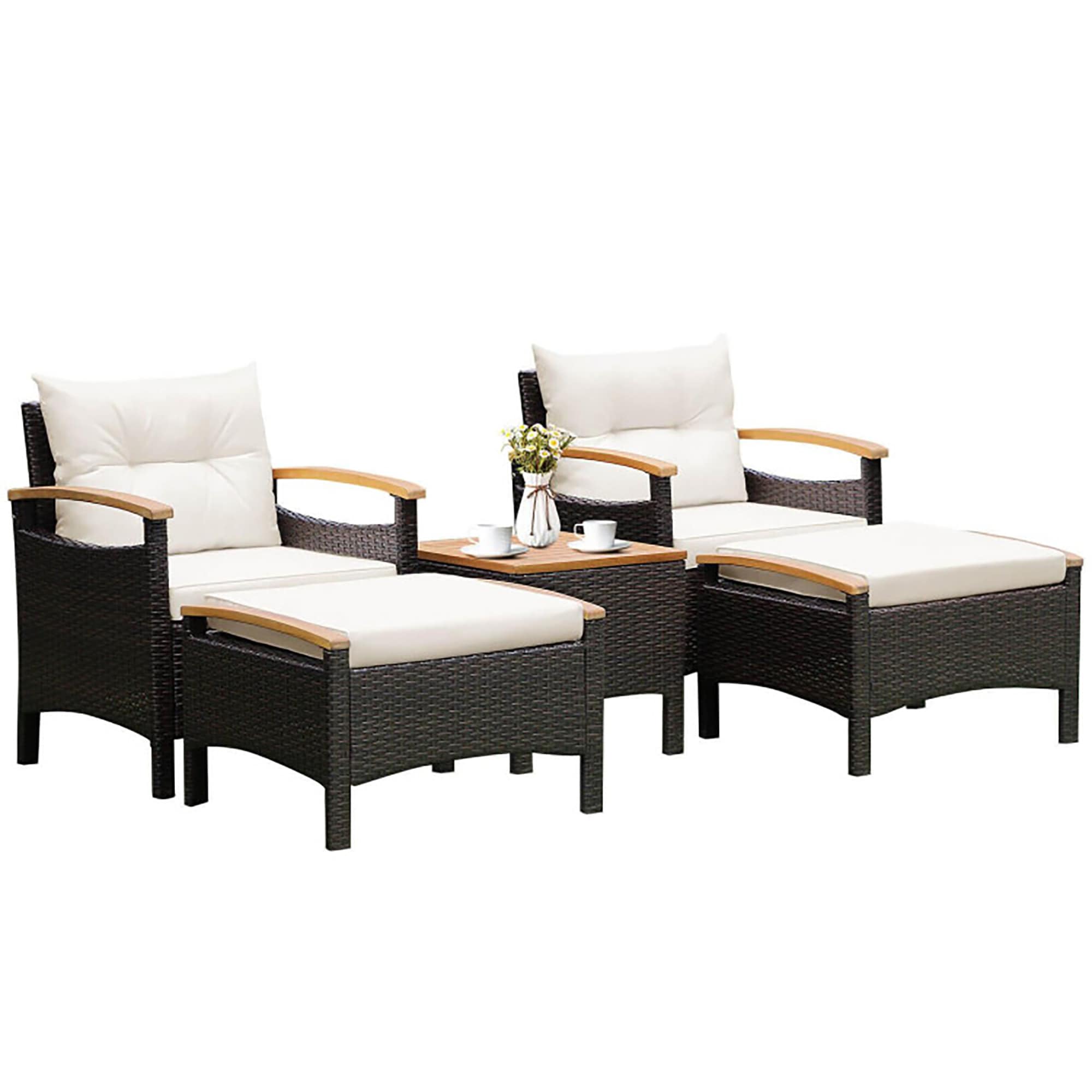 CASAINC CEW-HZ005-BR 5 -Piece Rattan Patio Conversation Set with Off-white Cushions