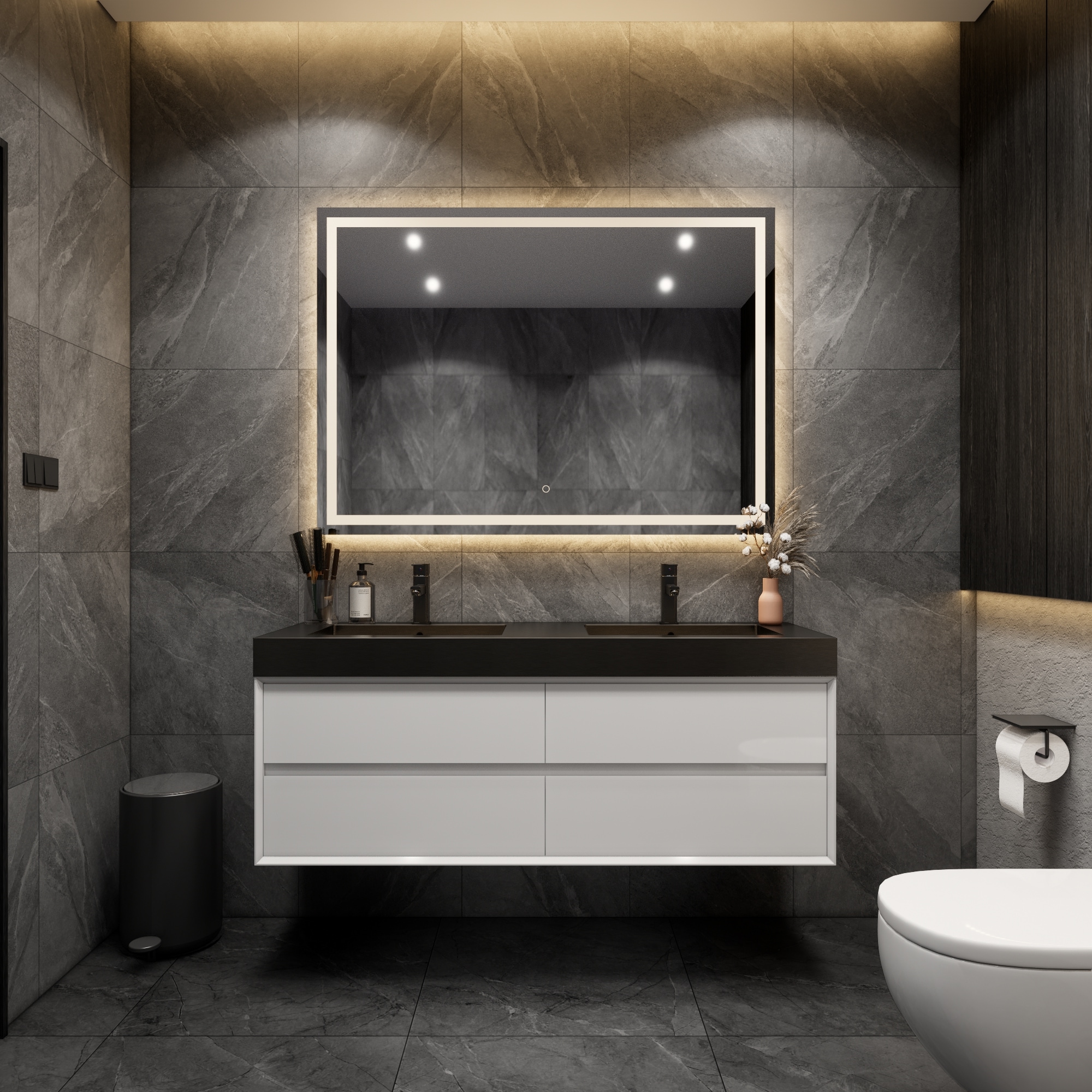 BV Better Vanity MIA60D-GW MIA 60-in Gloss White Double Sink Floating Bathroom Vanity with Black Stainless Steel Top (Fully Assembled)