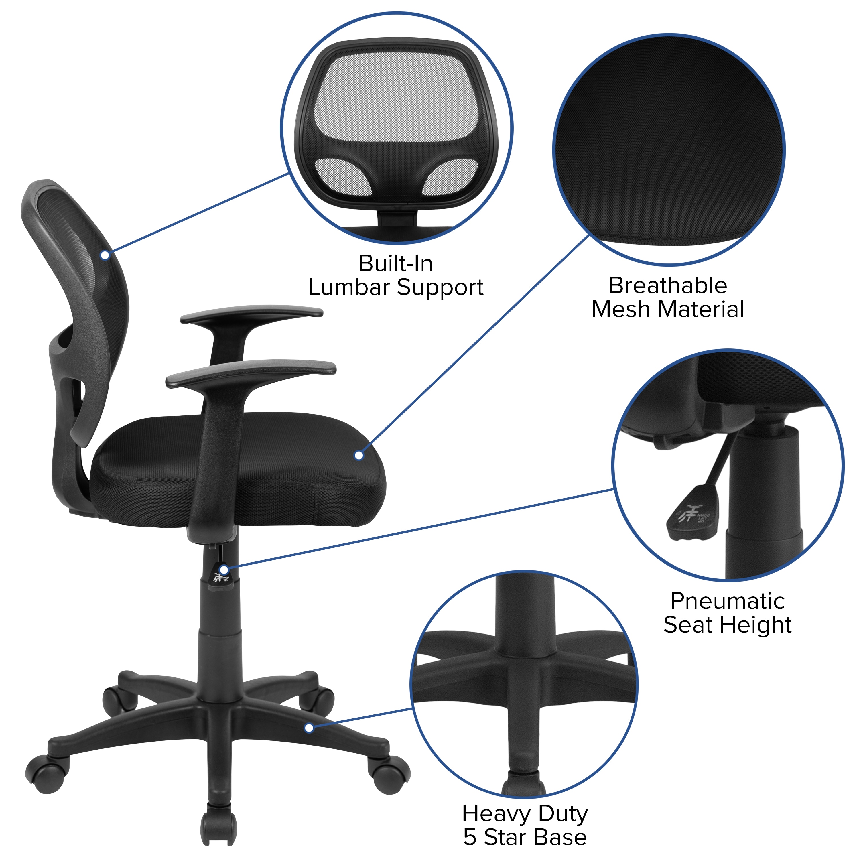 ErgoComfort Swivel Mid-Back Mesh Task Chair with Fixed Arms, Black