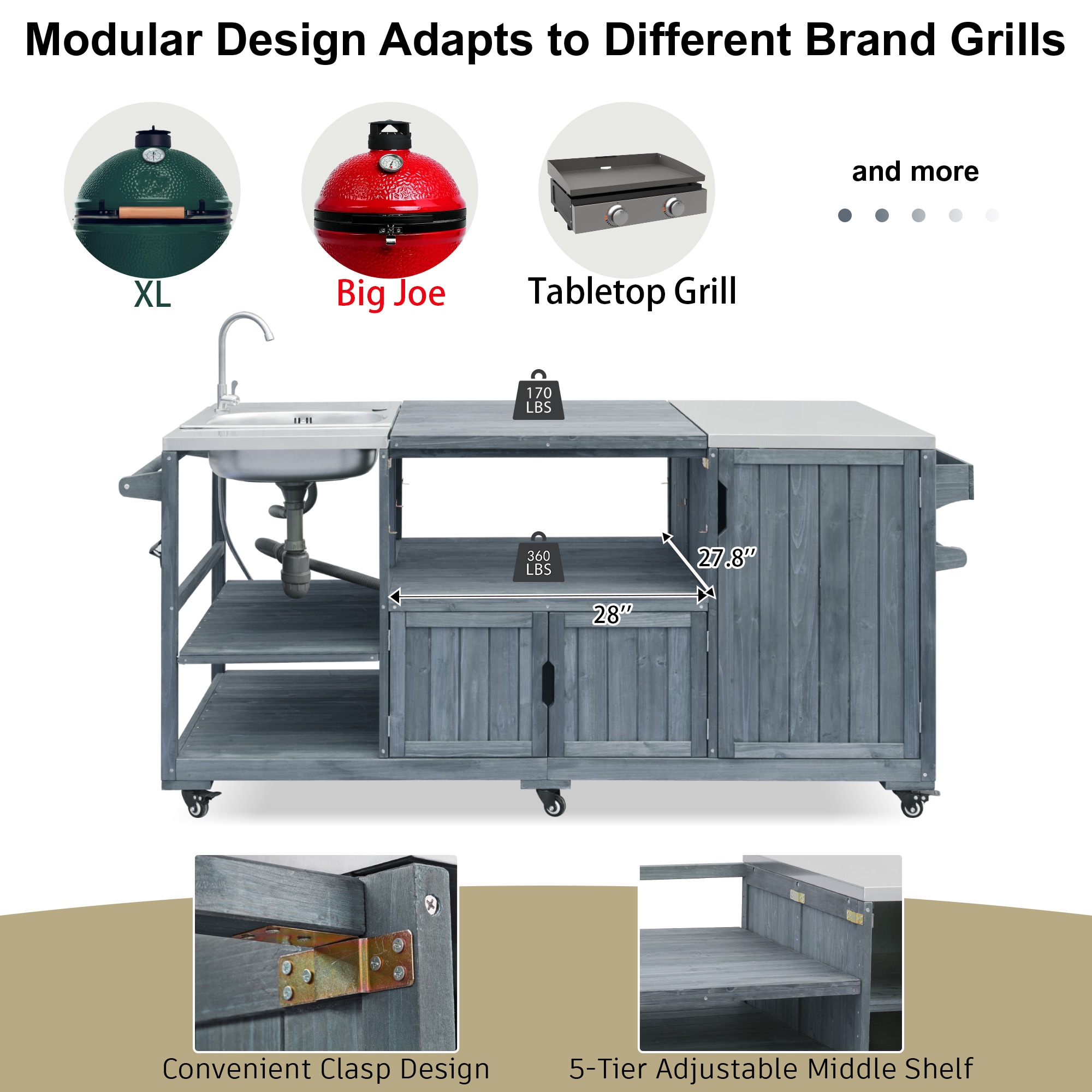 LOVMOR Gray Blue Outdoor Solid Wood Base Stainless Steel Top Kitchen ...