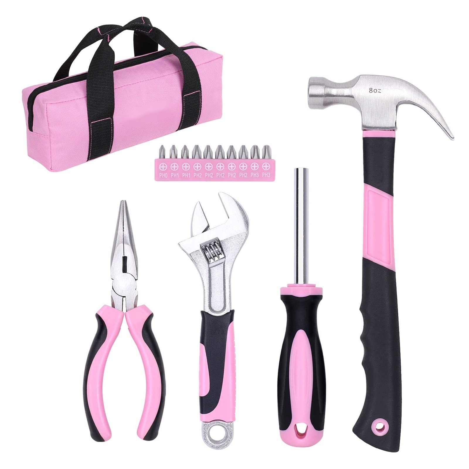 DYRCJ  15 Piece Pink Tool Kit Household Tools Set for Women Hand Tools for Home Maintenance and Repairing Includes Tool Bag