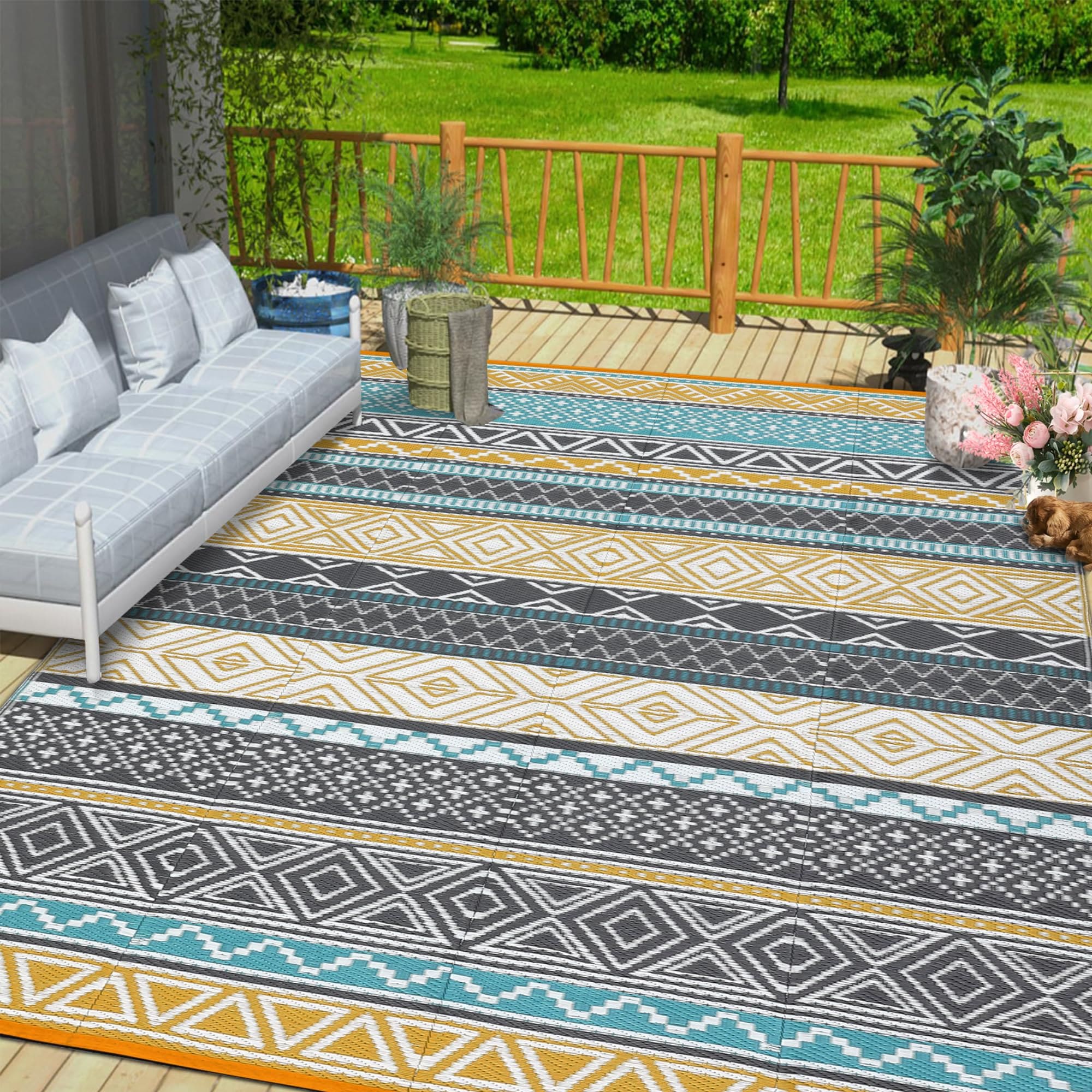 IdealHouse Outdoor Rug 10x14ft Waterproof Reversible Plastic Straw Area ...