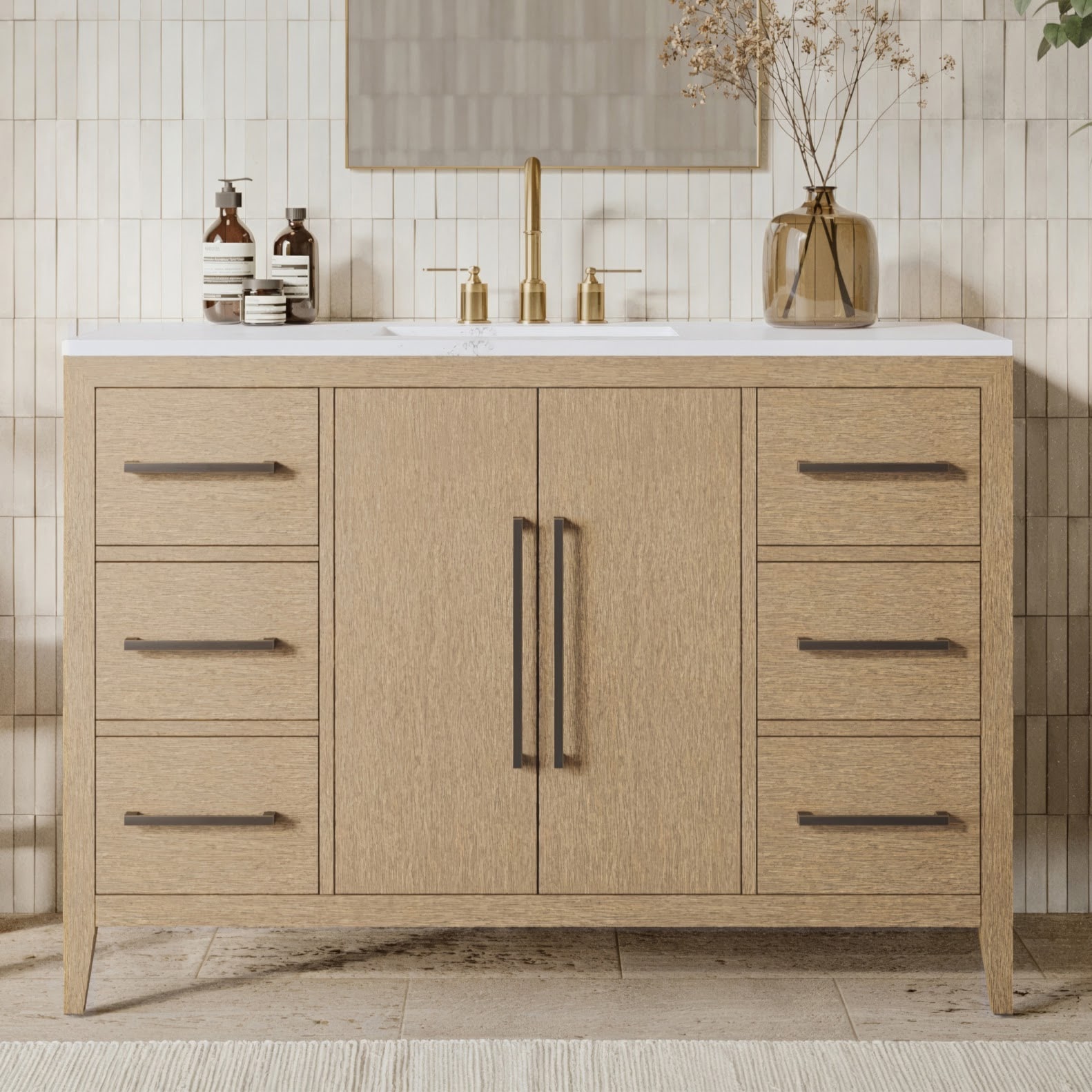 Wavecrest Designs 2-01-20-48-06051R02 Newtown 48-in Wire-brushed Light Oak Undermount Single Sink Bathroom Vanity with White Statuario Quartz Top