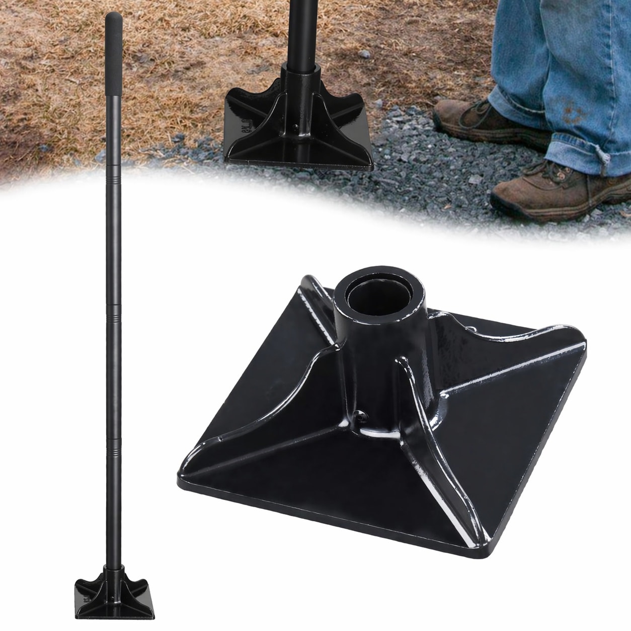 GAOLLY KHKFY Heavy Duty Tamper Tool 8 x 8 Ground Leveling Tool with 58 Inch Handle for Sand Dirt Concrete Asphalt Landscaping and Road Repair