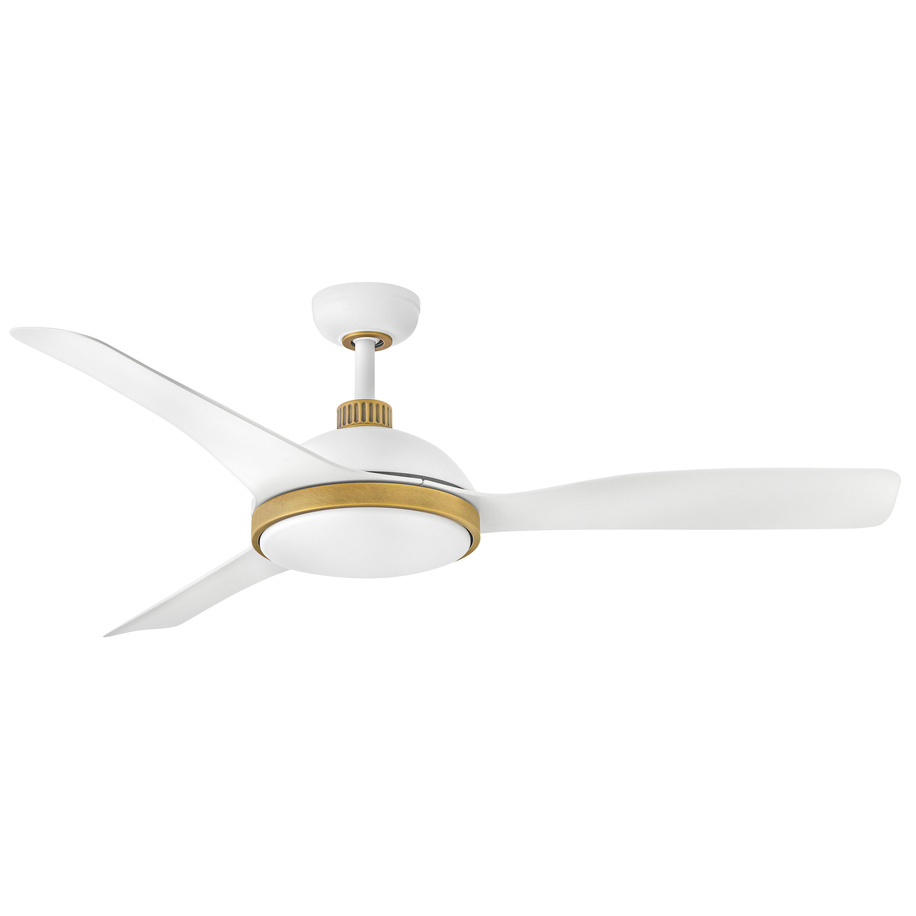 Hinkley 906556FMW-LDD Alba 56-in Integrated LED Outdoor Smart Matte White w/ Heritage Brass with Matte Blades Ceiling Fan With Light and Remote ( 3 -Blade )