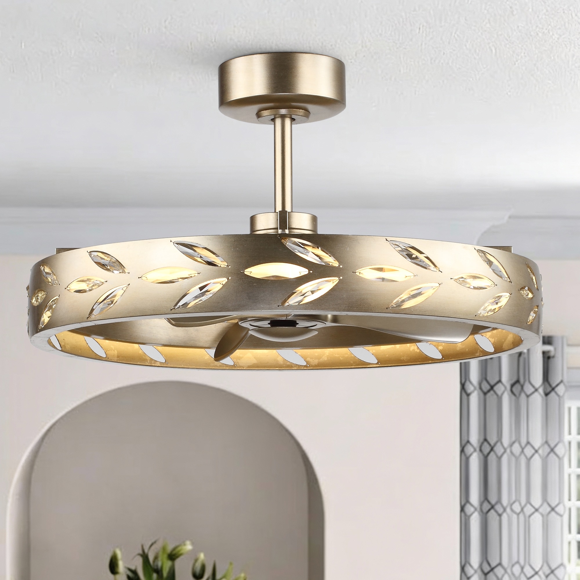 Perimost 29-in Antique Sliver Leaf with Antique Silver Blades Adjustable White LED Fandelier Ceiling Fan With Light and Remote Control Included 3 -Blade