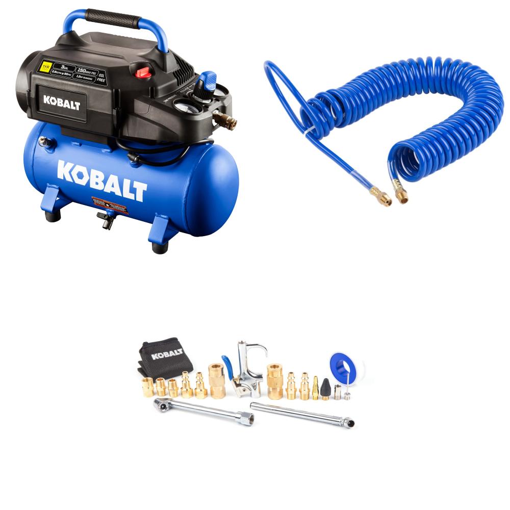Kobalt 3-Gallon 150 PSI Air Compressor Kit with 25-ft Recoil Hose & 18-Piece Accessory Set