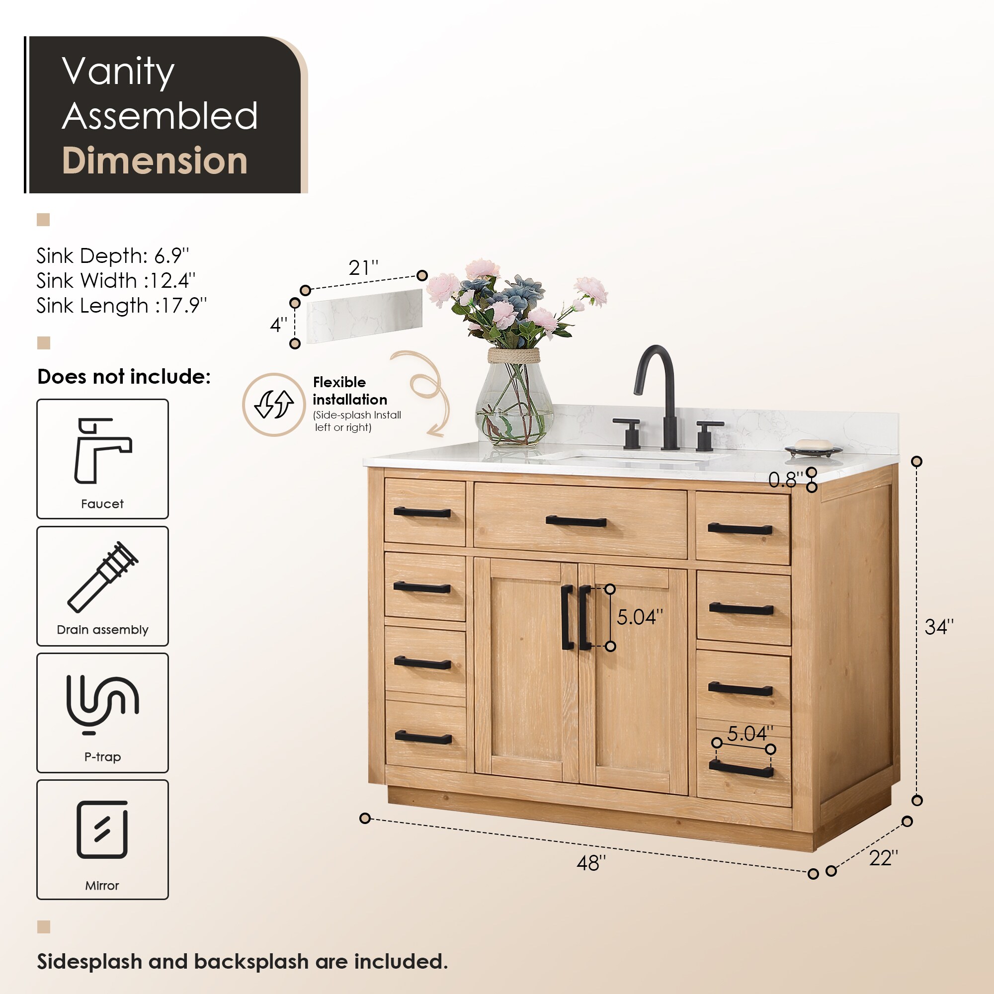 Gavino 48" Light Brown Wood Vanity with Composite Stone Top