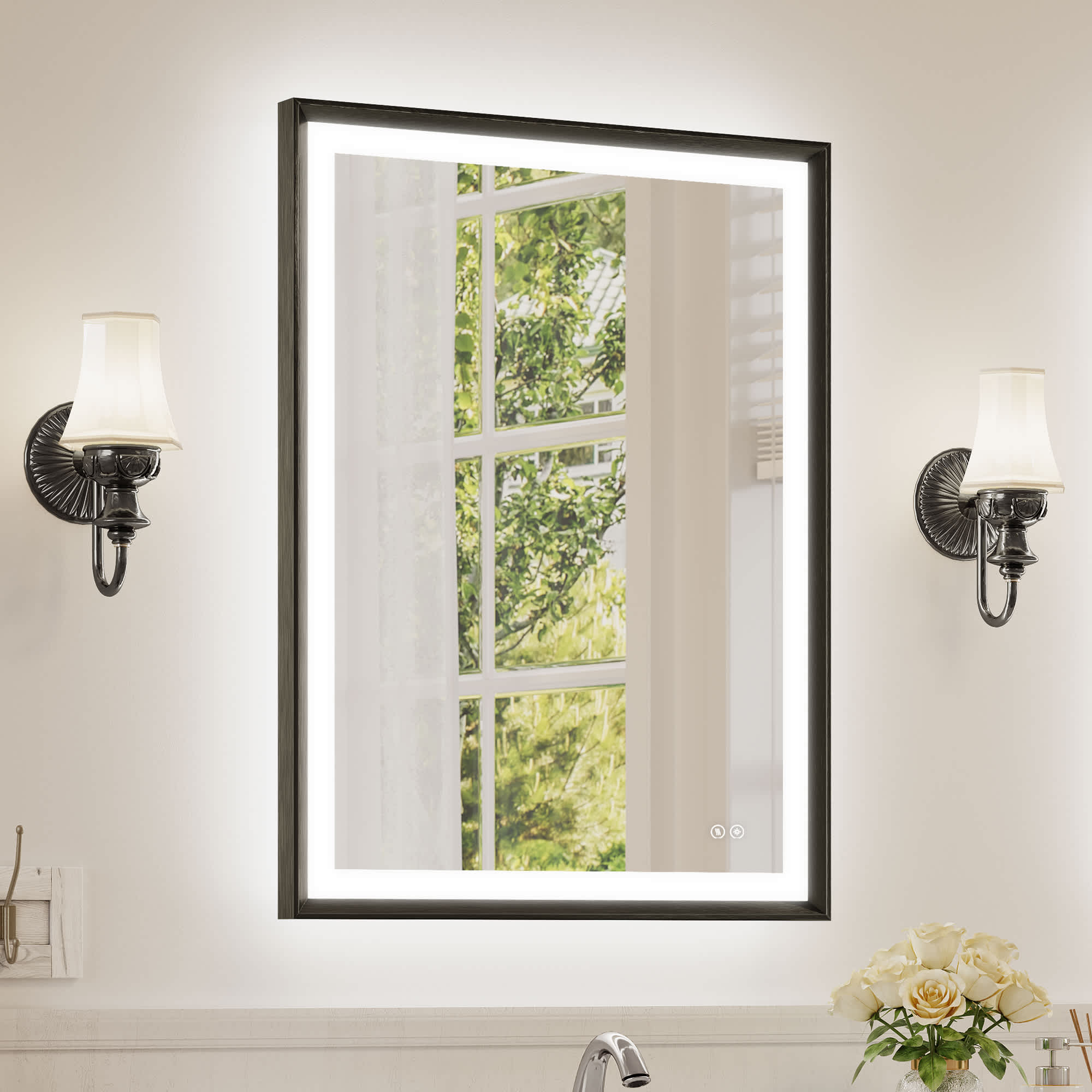 Aok Garden 24 in x 32 in Modern Aluminum Framed LED Bathroom Mirror with Double Beveled Edge Tempered Glass and Anti Rust in Black Wall Mounted Decorative Mirror