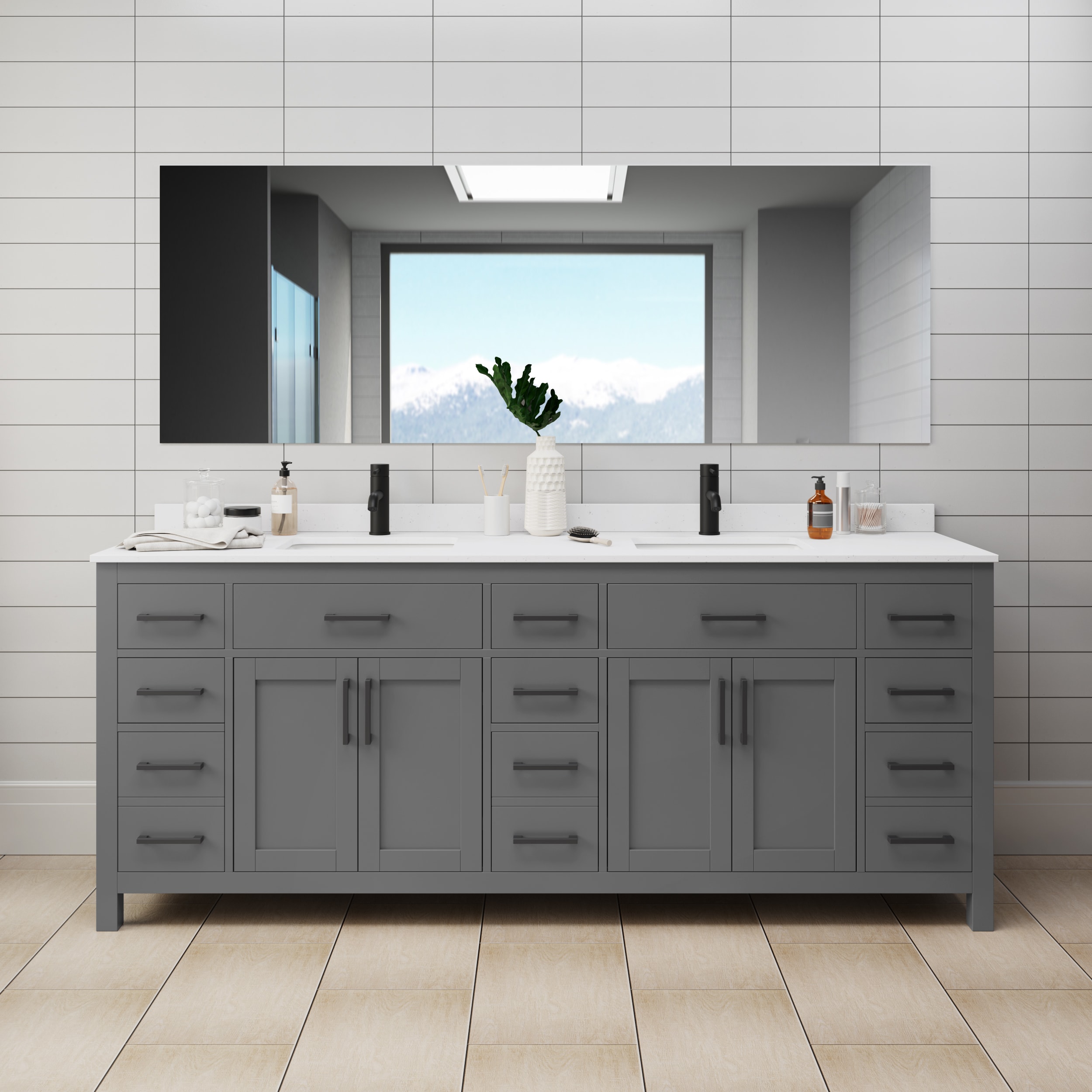Wyndham Collection WCG242484DGBWCUNSMXX Beckett 84-in Dark Gray with Matte Black Trim Undermount Double sink Bathroom Vanity with White Cultured Marble Cultured marble Top