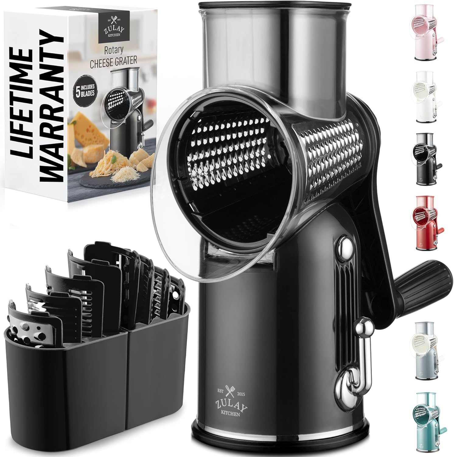 Zulay Kitchen Classic Rotary Cheese Grater with 5 Interchangeable Drums and Reinforced Suction