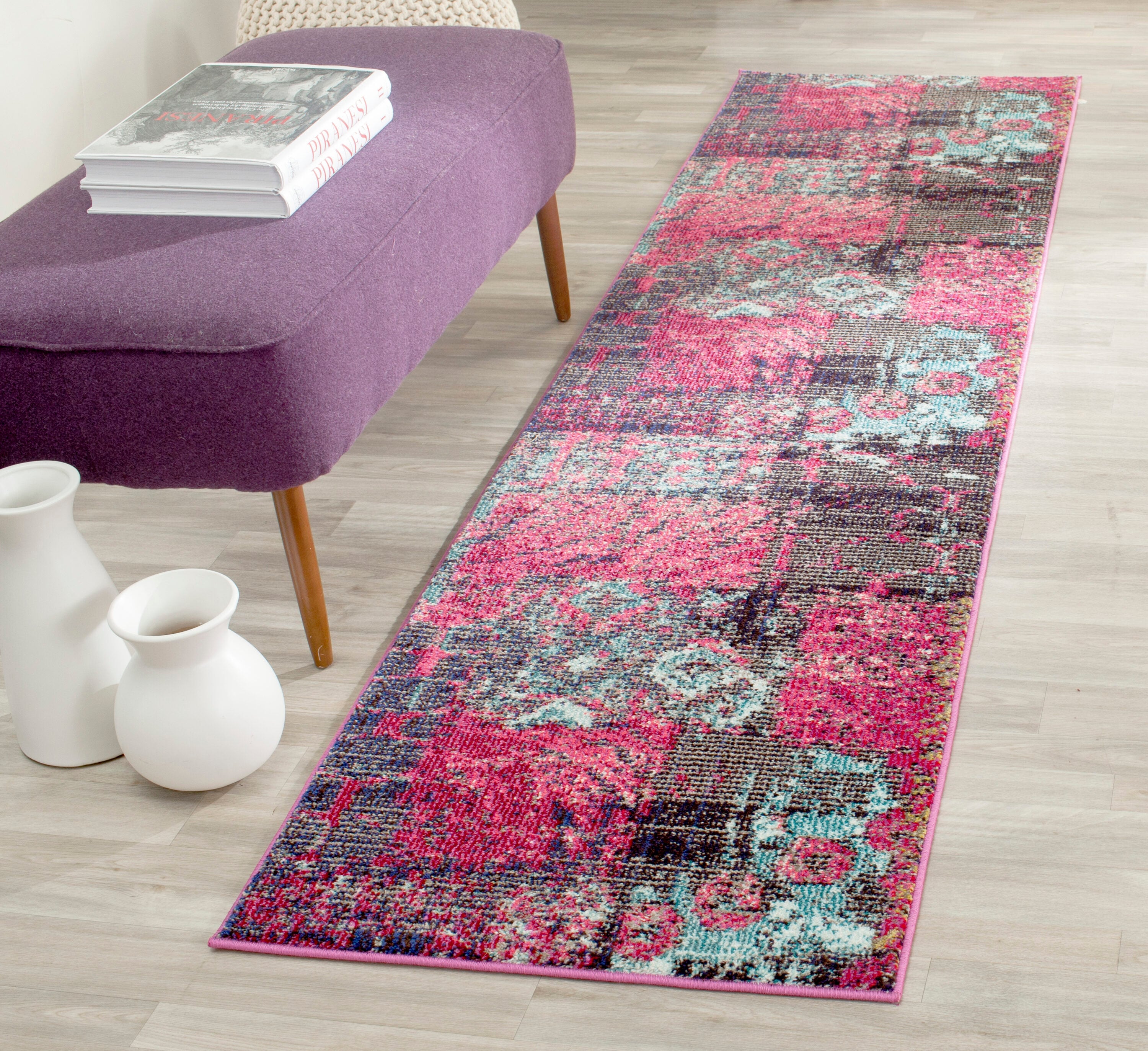 Safavieh MNC210D-28 Monaco Patchwork 2 x 8 (ft) Loomed Polypropylene Pink/Multi Rectangular Indoor Distressed/Overdyed Runner rug
