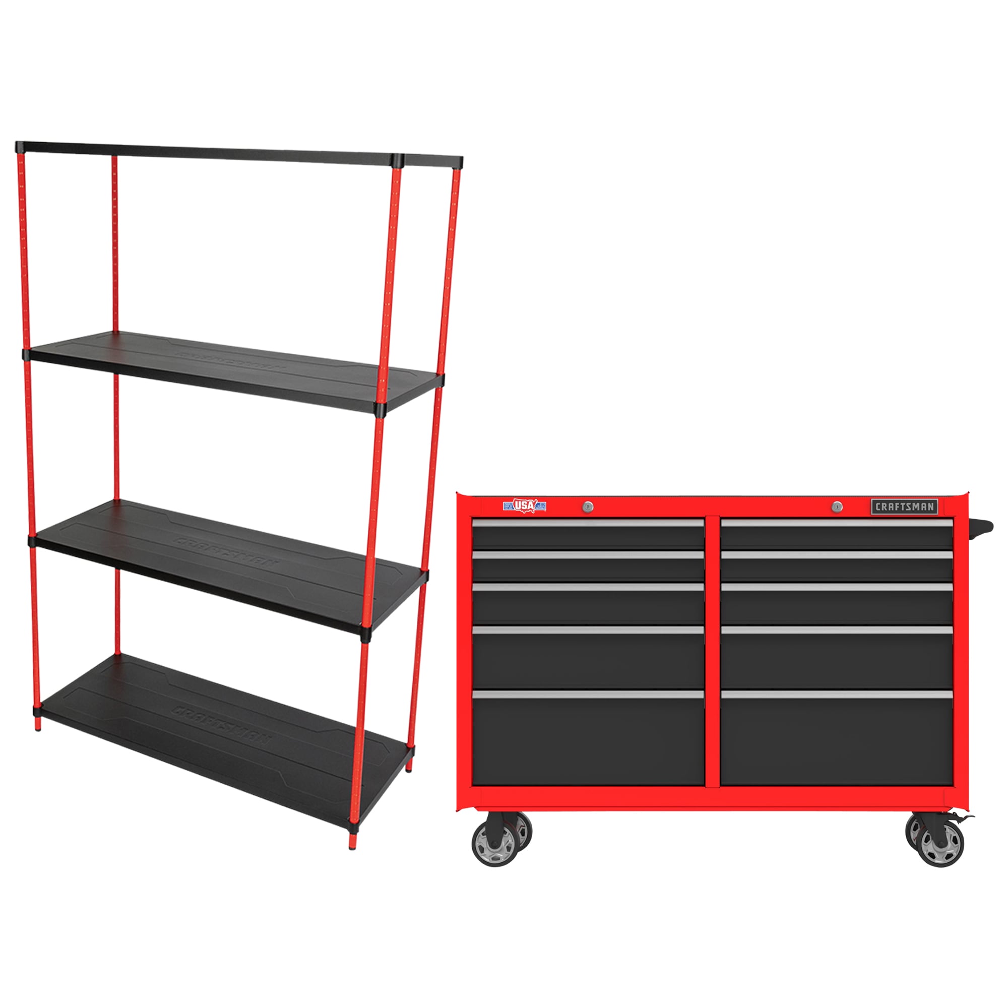 CRAFTSMAN Steel 4-Tier Utility Shelving Unit (45-in W x 18-in D x 72-in H) & 2000 52-In 10-Drawer Cabinet - Red