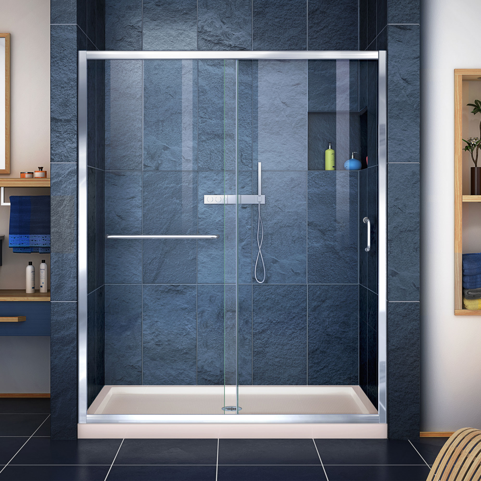DreamLine DL-6972C-22-01 Infinity-Z 2 -Piece 60-in W x 34-in L x 75-in H Rectangular Alcove shower kit ( Center Drain) Base and Door Included Chrome Hardware Included