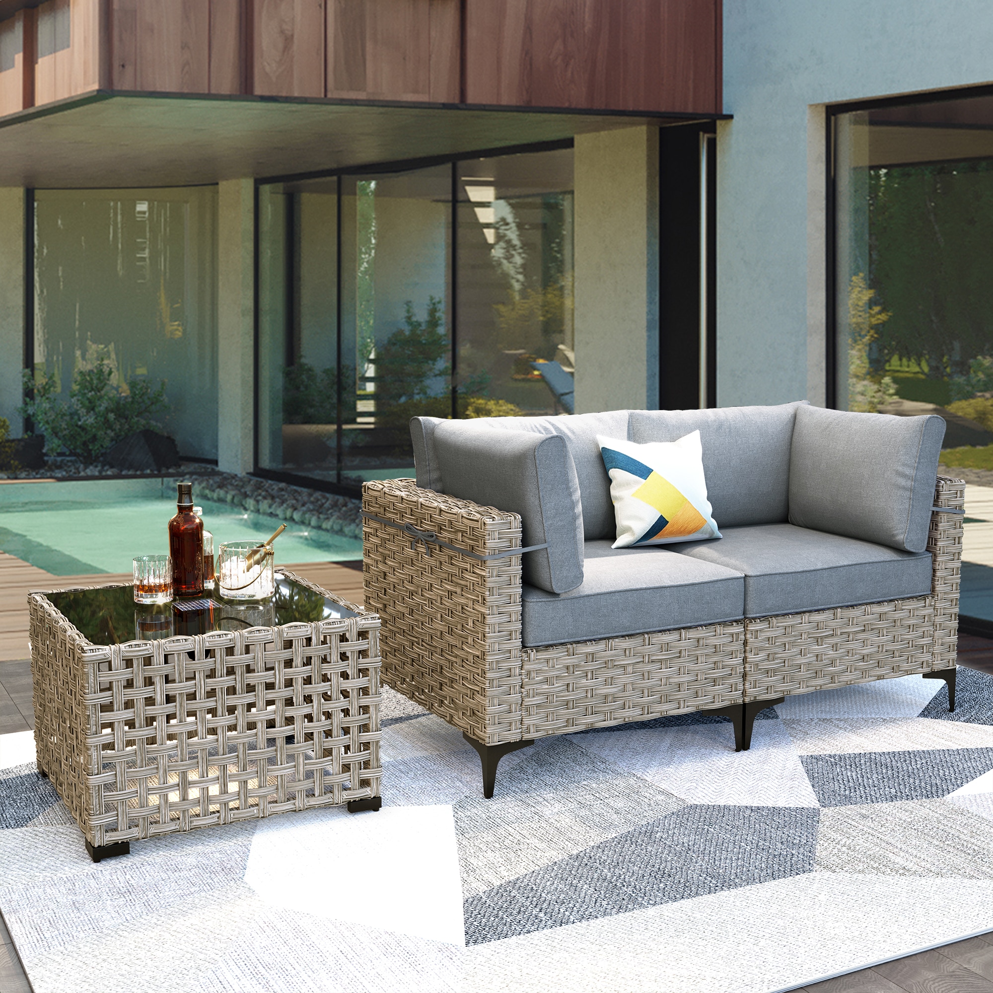 Ovios SK200-1 Wicker Outdoor Loveseat with Dark gray Cushions and Iron Frame