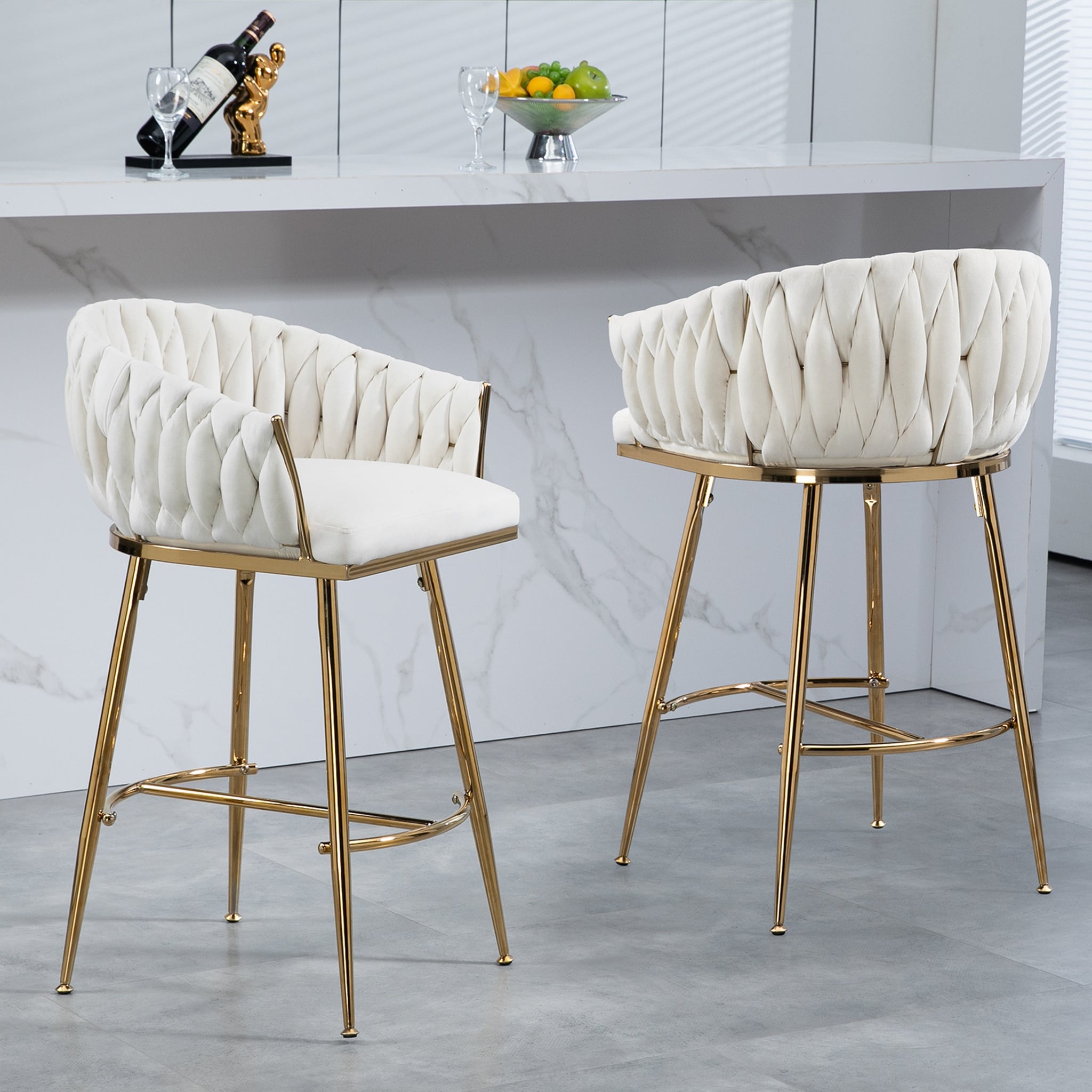 WOQWOQ - 26in Counter Height Velvet Bar Stools with Hand-Wave Back Golden Base and Footrest Beige...