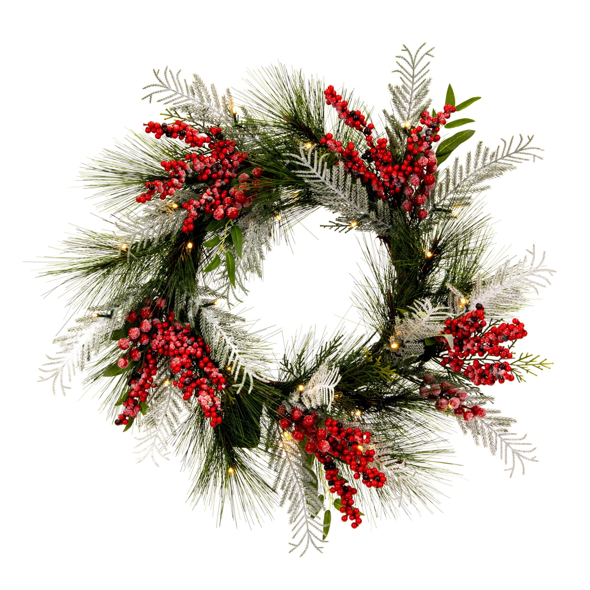 Vickerman G213025BOLED  24 in. Frosted Artificial Christmas Wreath with Red Berries, Frosted Foliage, and Battery Operated Lights