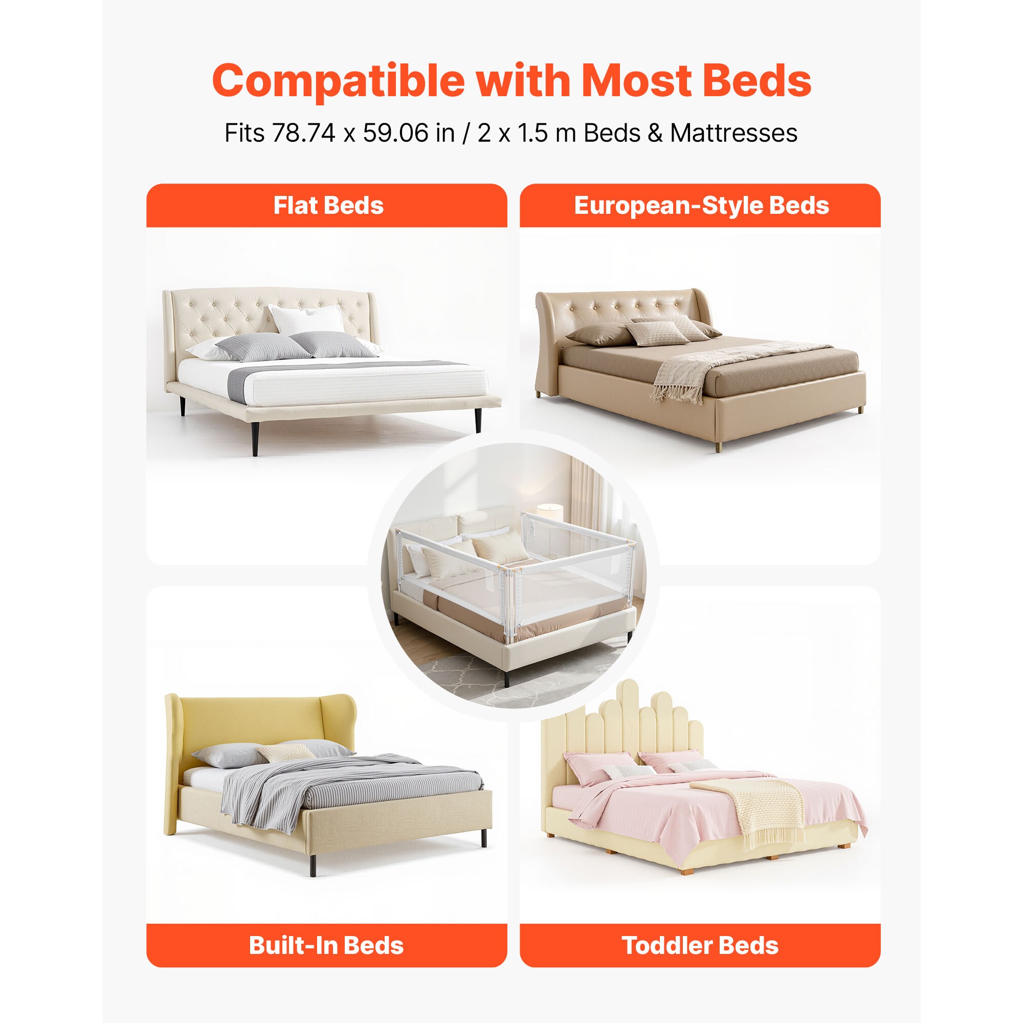GIVIMO 3-Piece 78.74-in Queen Toddler Bed Rail Set with Steel Tube ...