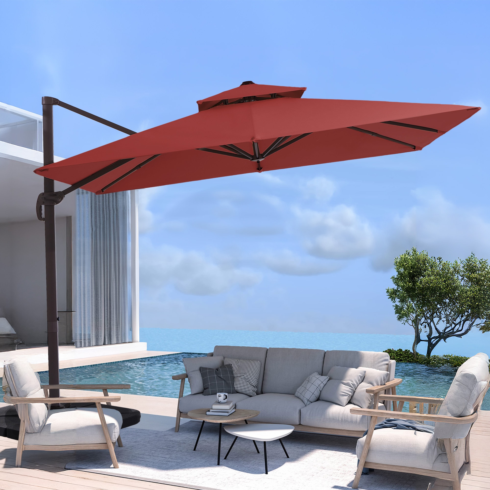 JEAREY JE-LKXLM-9X9FT-RD 9-ft Aluminum Red Crank Cantilever Patio Umbrella with Base