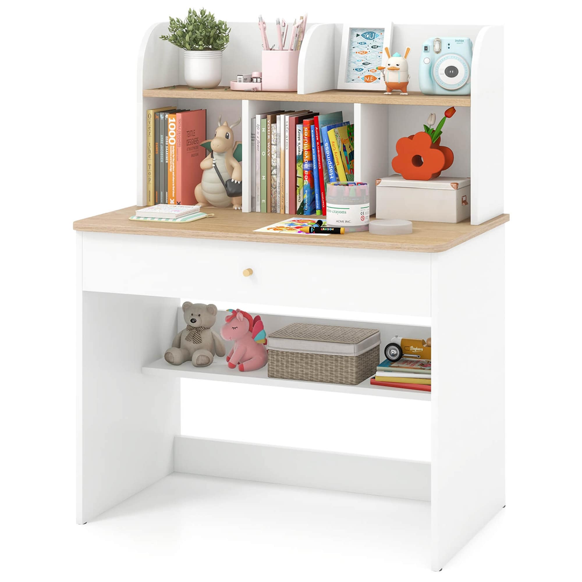 Costway  Kids Wooden Study Desk Children Writing Table with Hutch and Drawer White