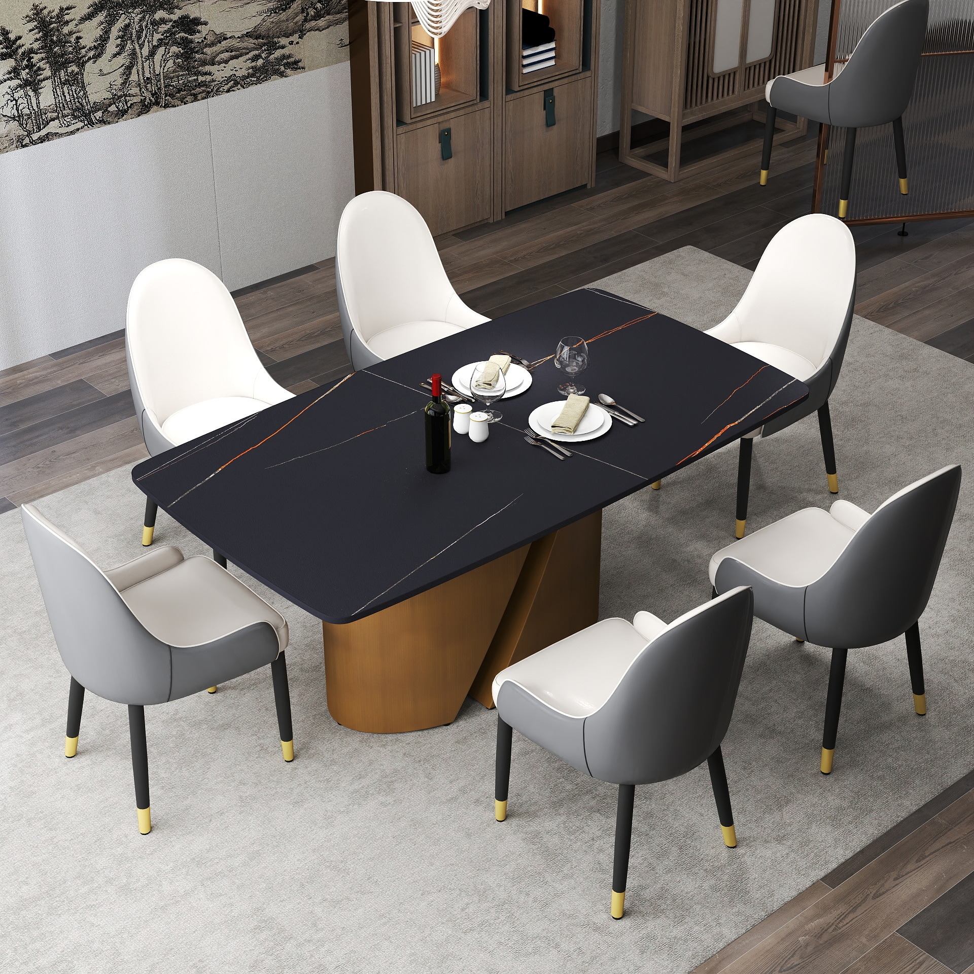 BuotiqHom DH-AT-18AB-L14G 71 in. Black Contemporary/Modern Dining Table, Ceramic with Primed Metal 71-in L x 29.5-in H