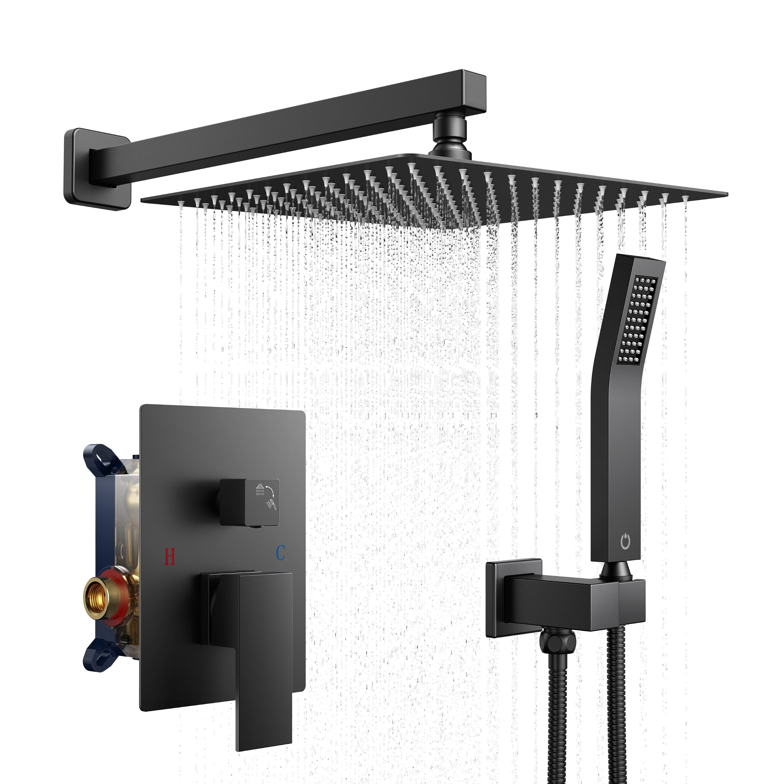 FORIOUS Matte Black 1-handle Multi-function Square Shower Faucet Valve ...