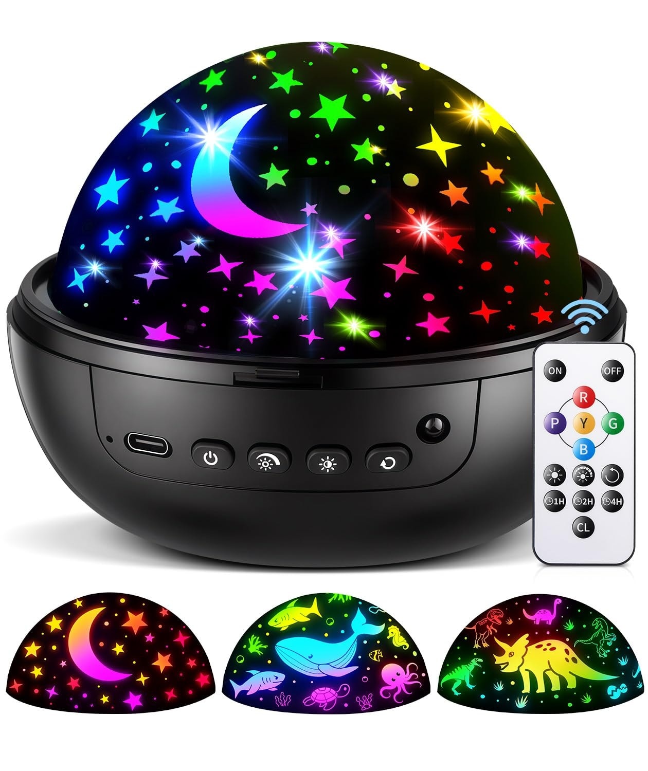 Vrbgify  1 Piece 5 in 1 Kids Night Light Projector with 3 Films 93 Lighting Modes Remote Timer Dimmable 360 Degree Rotation for Boys Bedroom