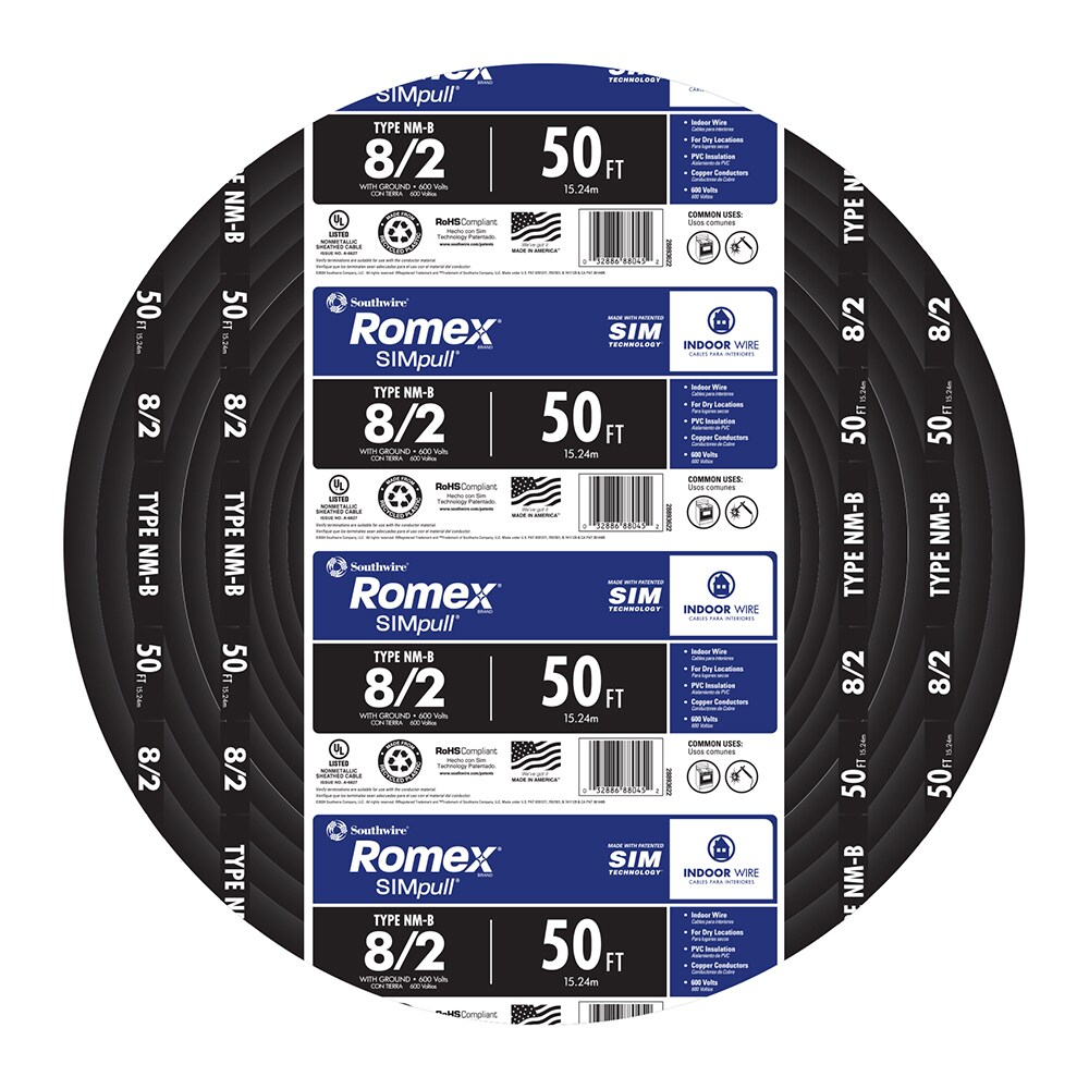 Southwire 50-ft 8/2/2 Romex SIMpull Stranded Indoor CU NM-B W/G Individual Pack (By-the-roll)