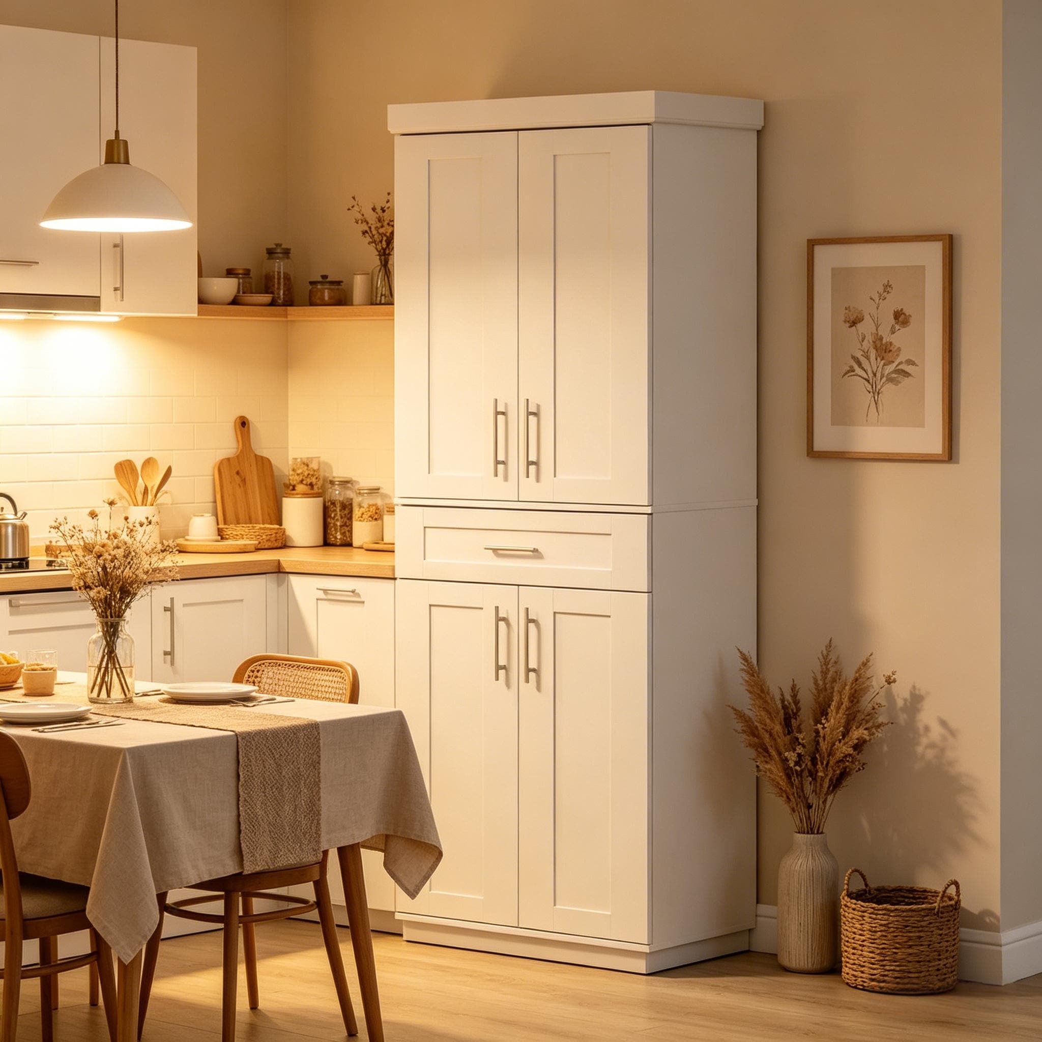 Vynxaria 30-in W x 72-in H x 15.75-in D White Freestanding Kitchen Pantry Cabinet with Adjustable Shelves and Drawers and Pull-Out Storage