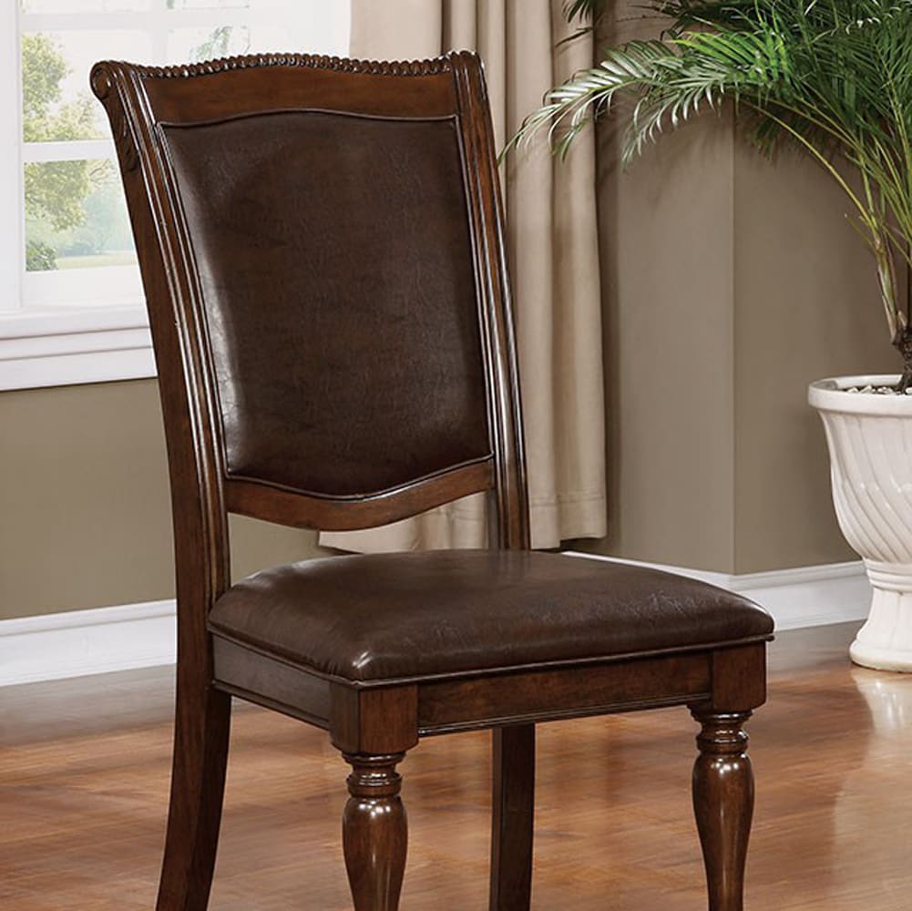 Espresso Faux Leather Traditional Carved Side Chair in Brown
