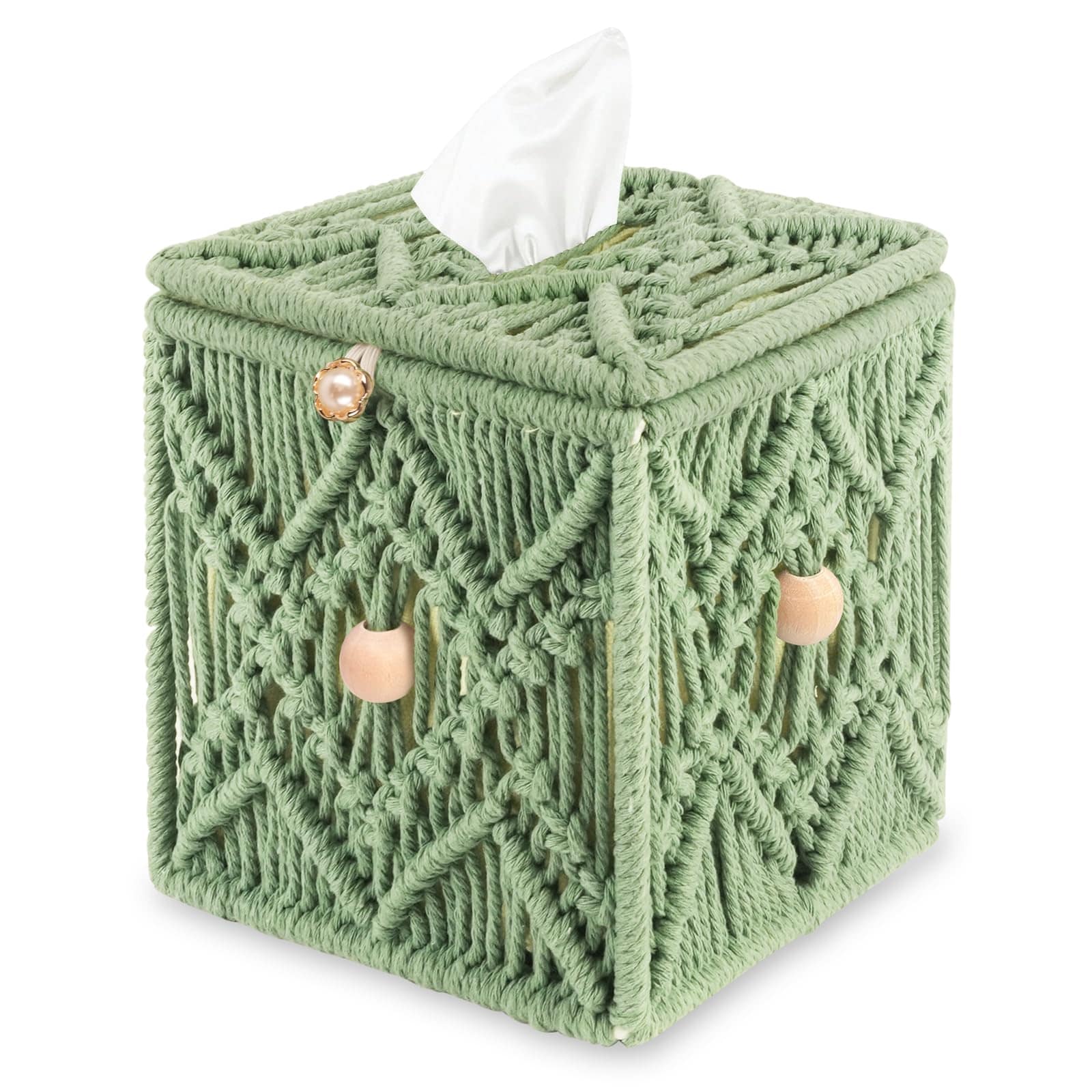 Aoibox  Boho Macrame Tissue Box Cover Cotton Rope Wood Bead Accents Light Green 5 5 x 5 5 x 6 in Square Box