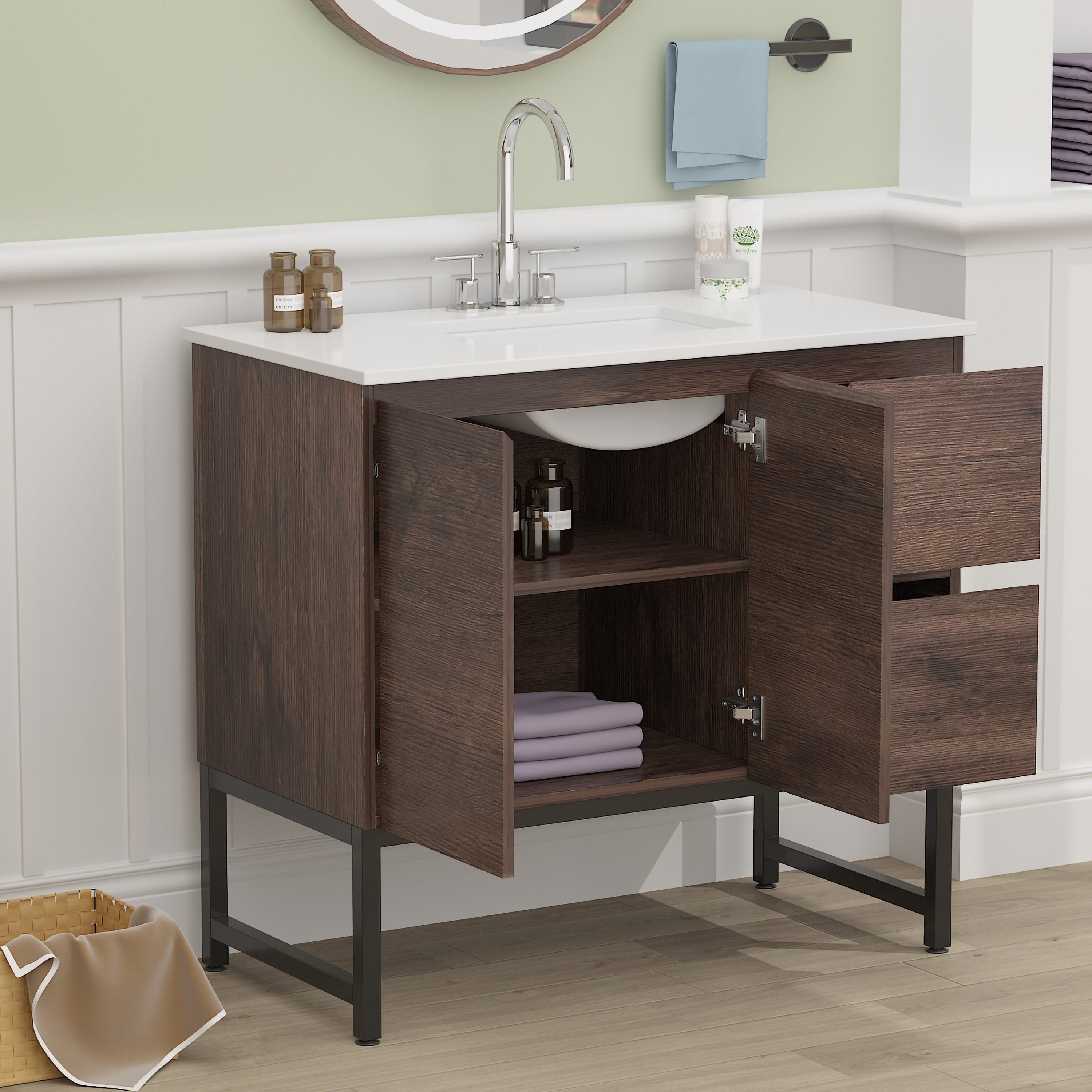 FUFU&GAGA 35-in Brown Single Sink Bathroom Vanity with White Stone ...